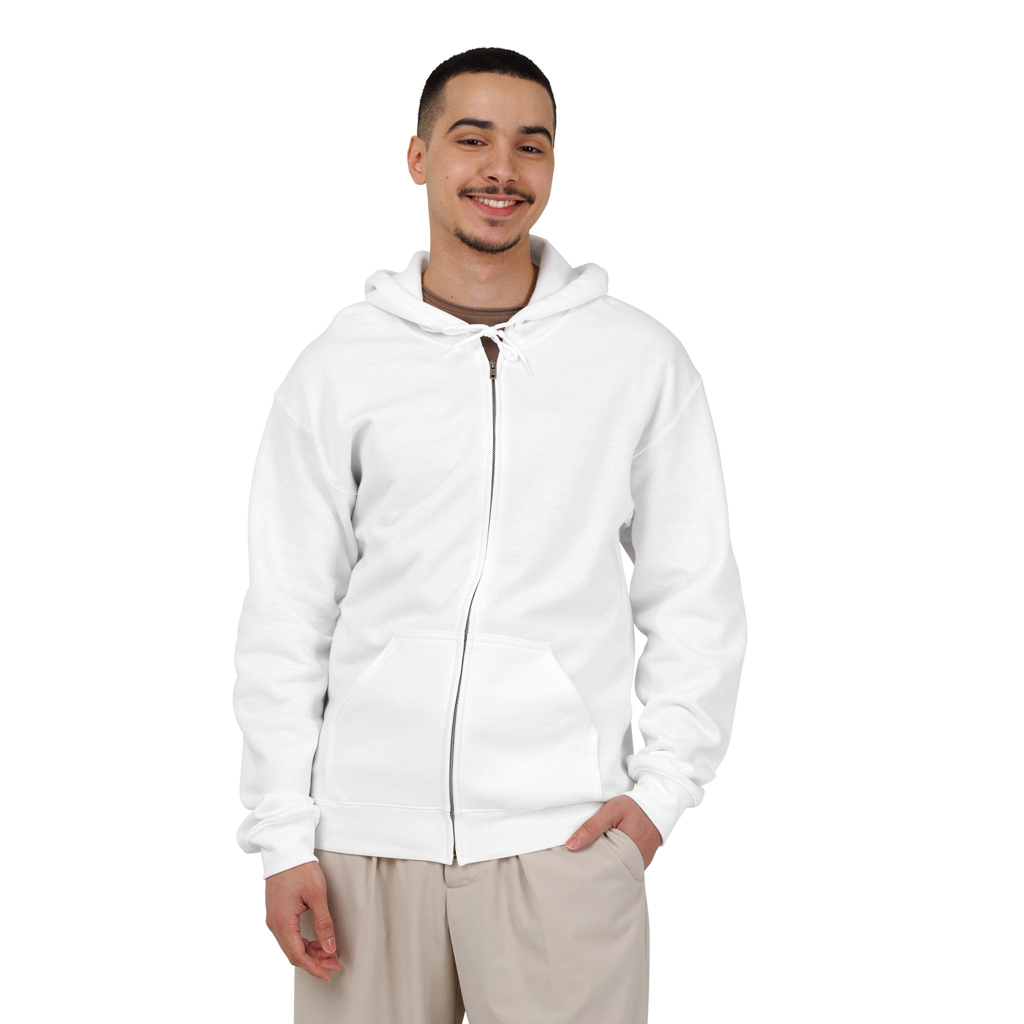Houston Aeros 1970s Hoodie (Zip) in white, worn by model, front, plain (design is on the back)