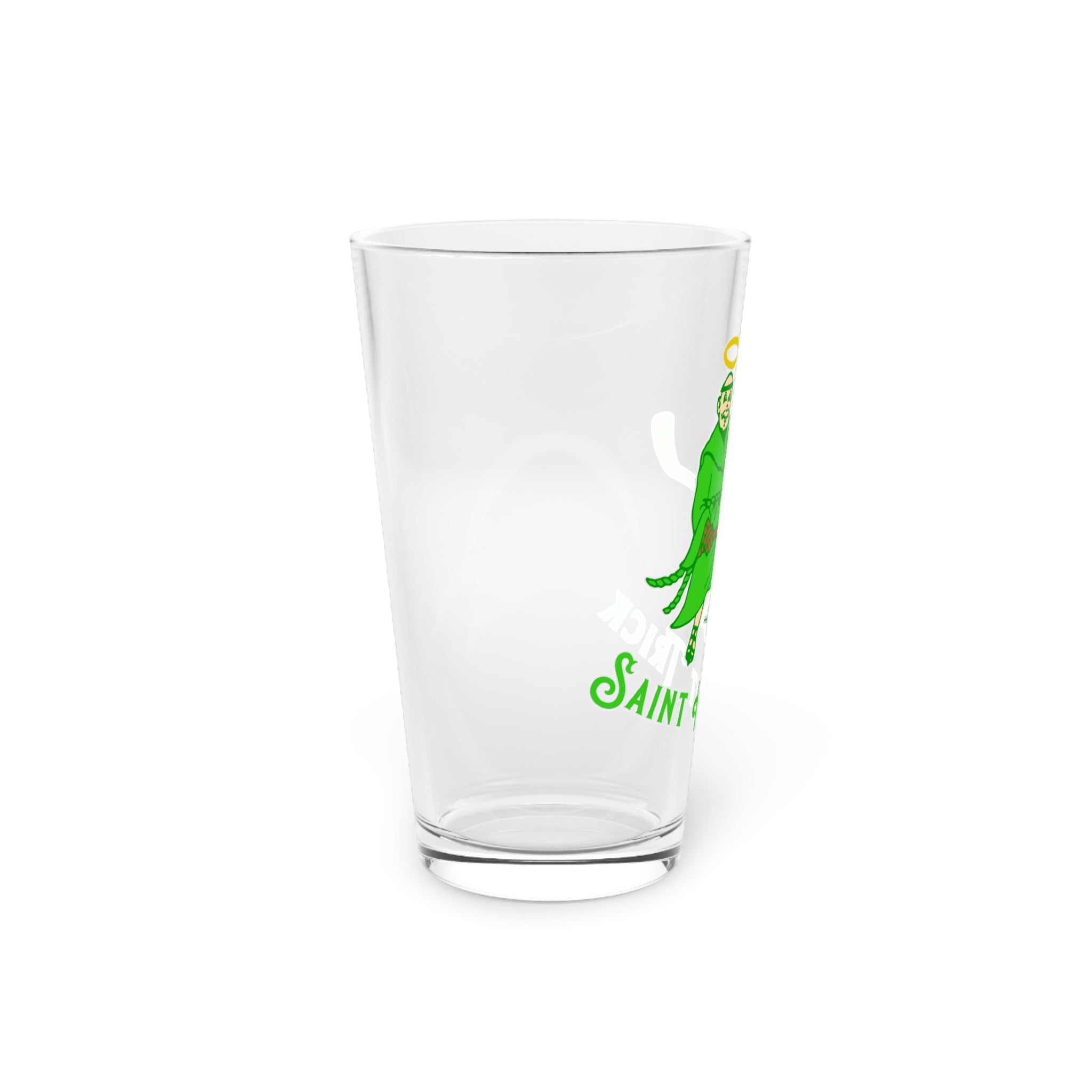 Saint Hat Trick Pint Glass, 16oz with the haloed monk skater in green with script, left side view