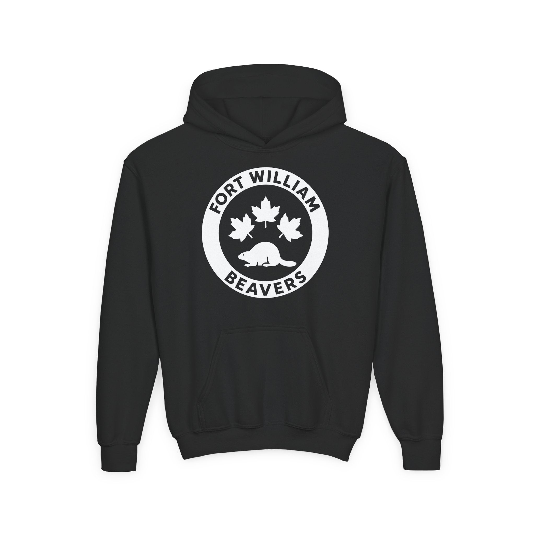 Fort William Beavers Hoodie (Youth) in black with the white round logo of maple leaves and a beaver on the front