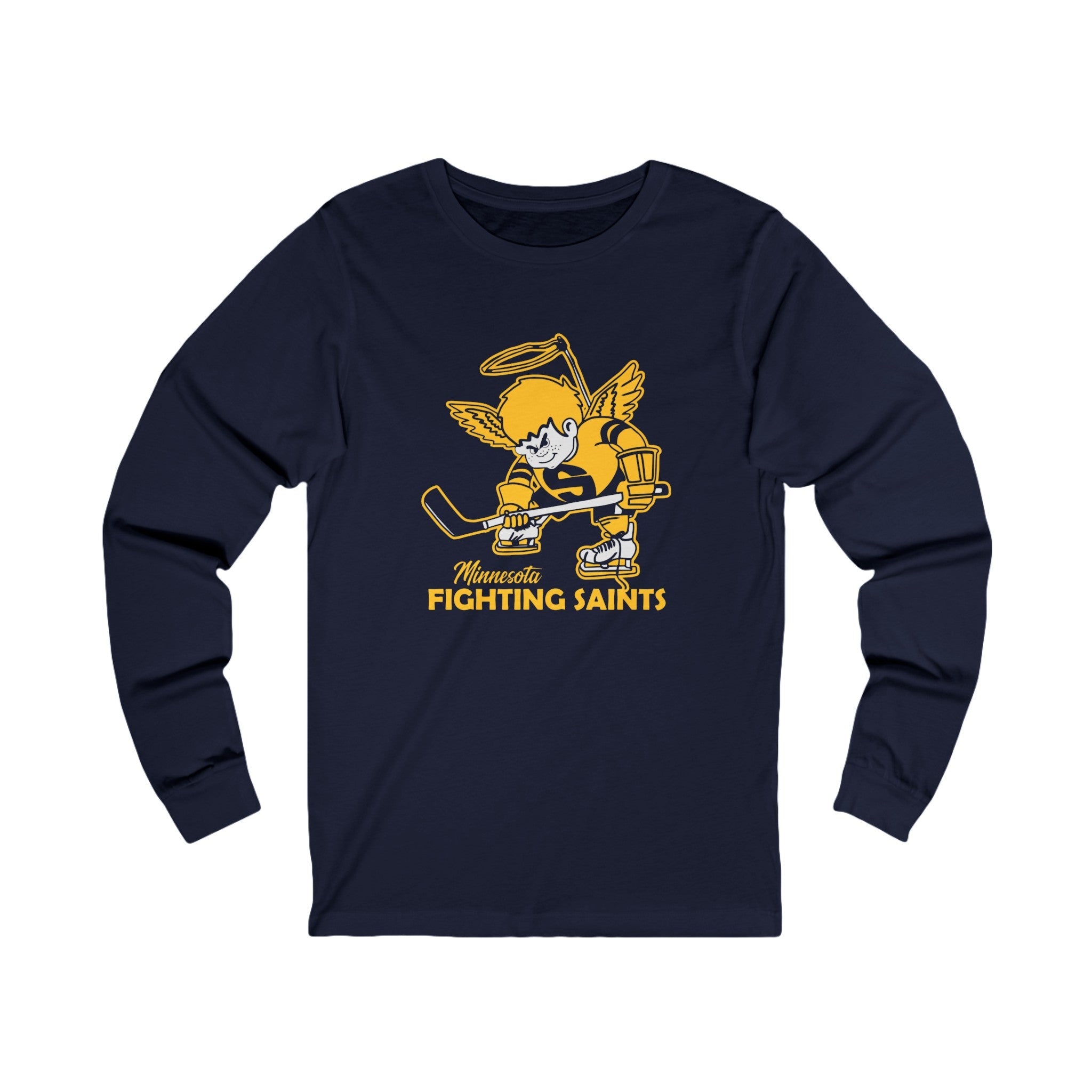 Minnesota Fighting Saints Long Sleeve Shirt with the gold haloed angel skater with a stick on the front, view 2