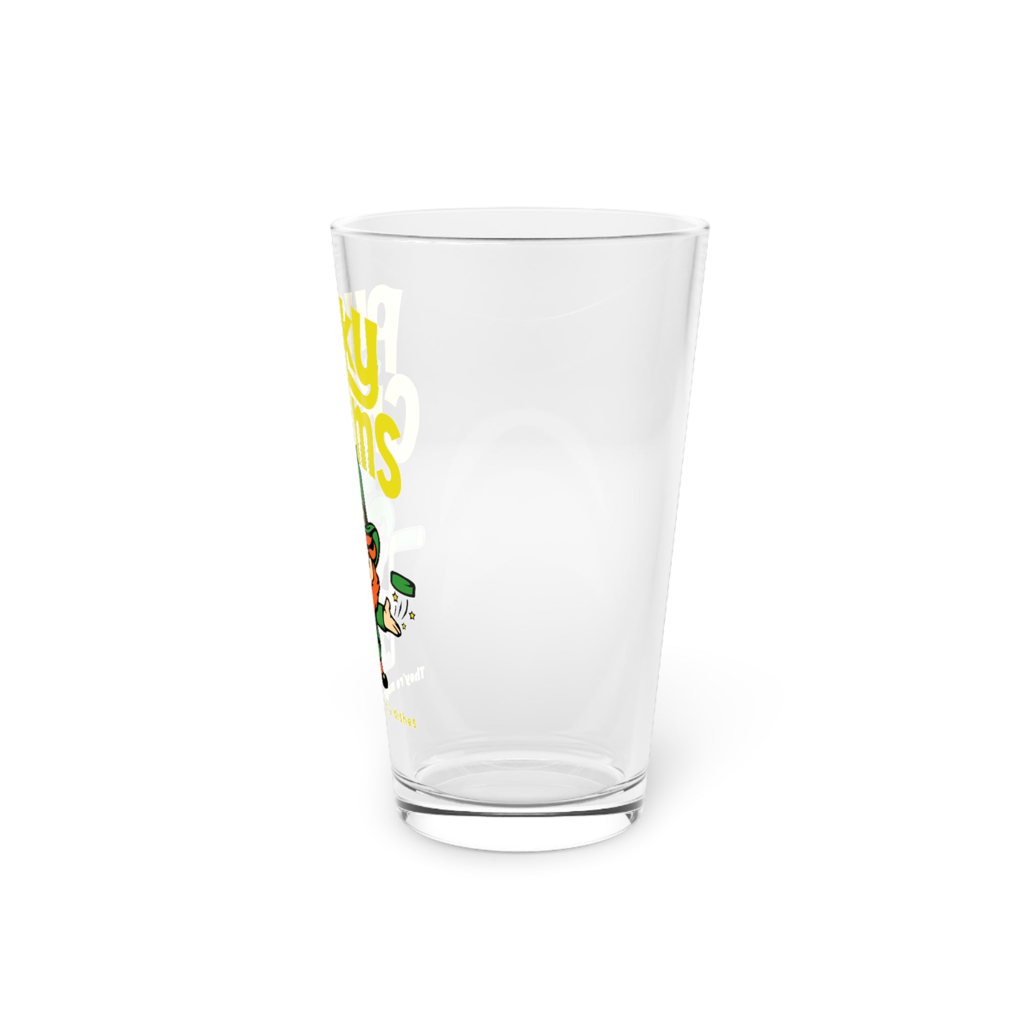 Pucky Charms Pint Glass, 16oz with the cartoon leprechaun with a stick and yellow lettering, right side view