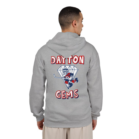 Dayton Gems Hoodie (Zip) in sport grey, worn by model, back with the skater inside a diamond with red block lettering