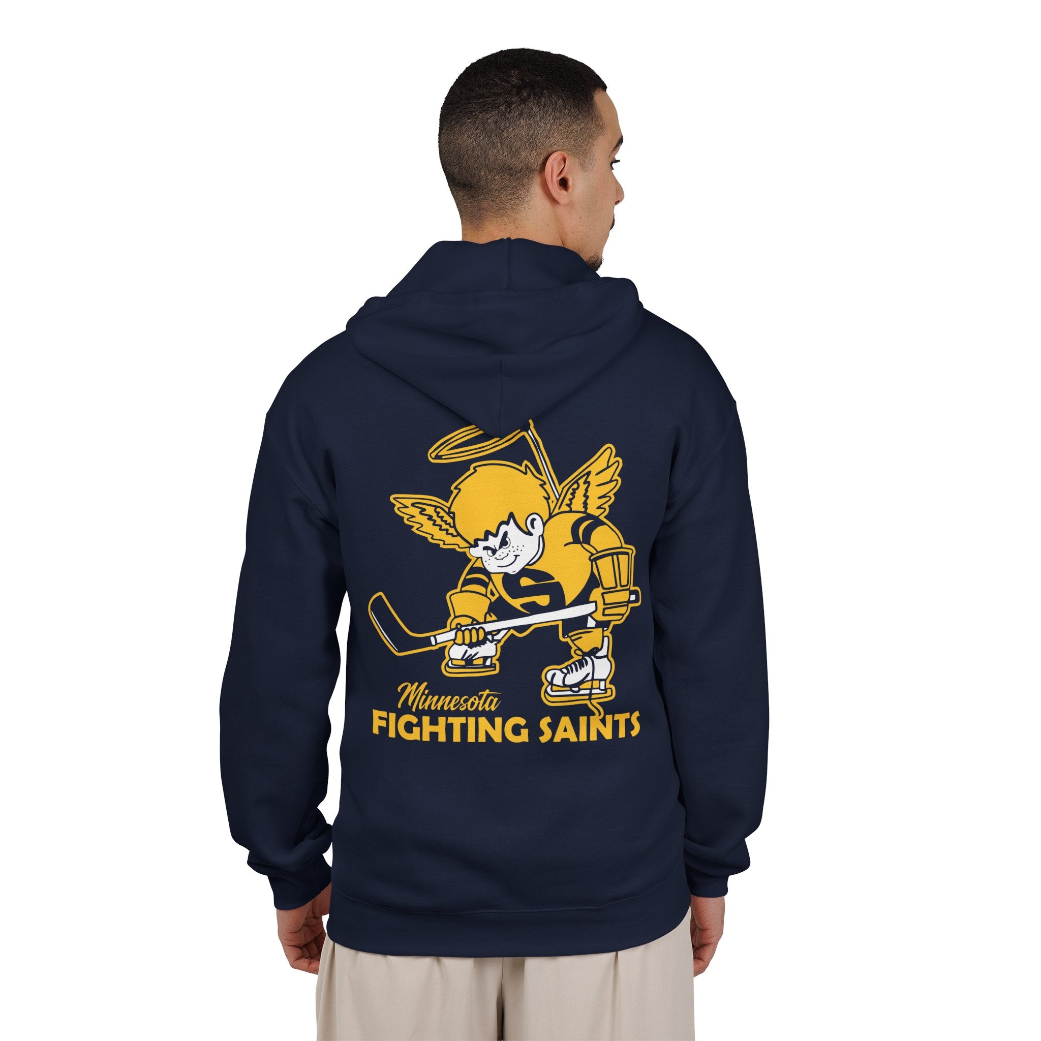 Minnesota Fighting Saints Hoodie (Zip) in navy, worn by model, back with the gold haloed angel skater with a stick