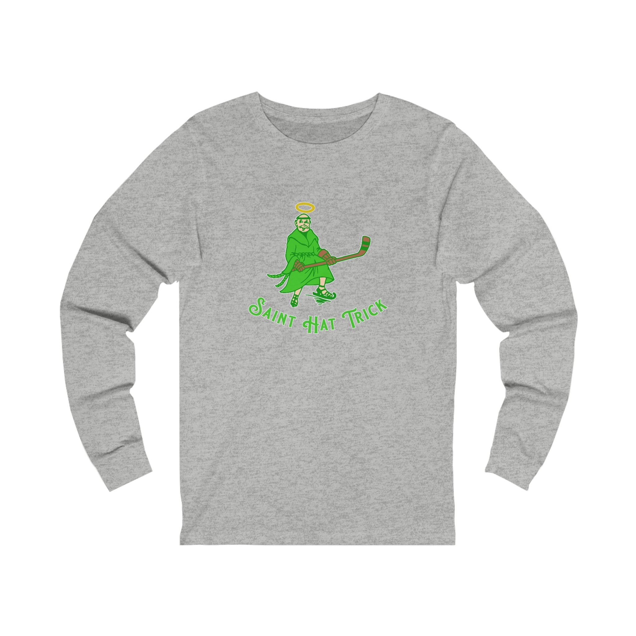 Saint Hat Trick Long Sleeve Shirt with the haloed monk skater in green with script on the front, view 2