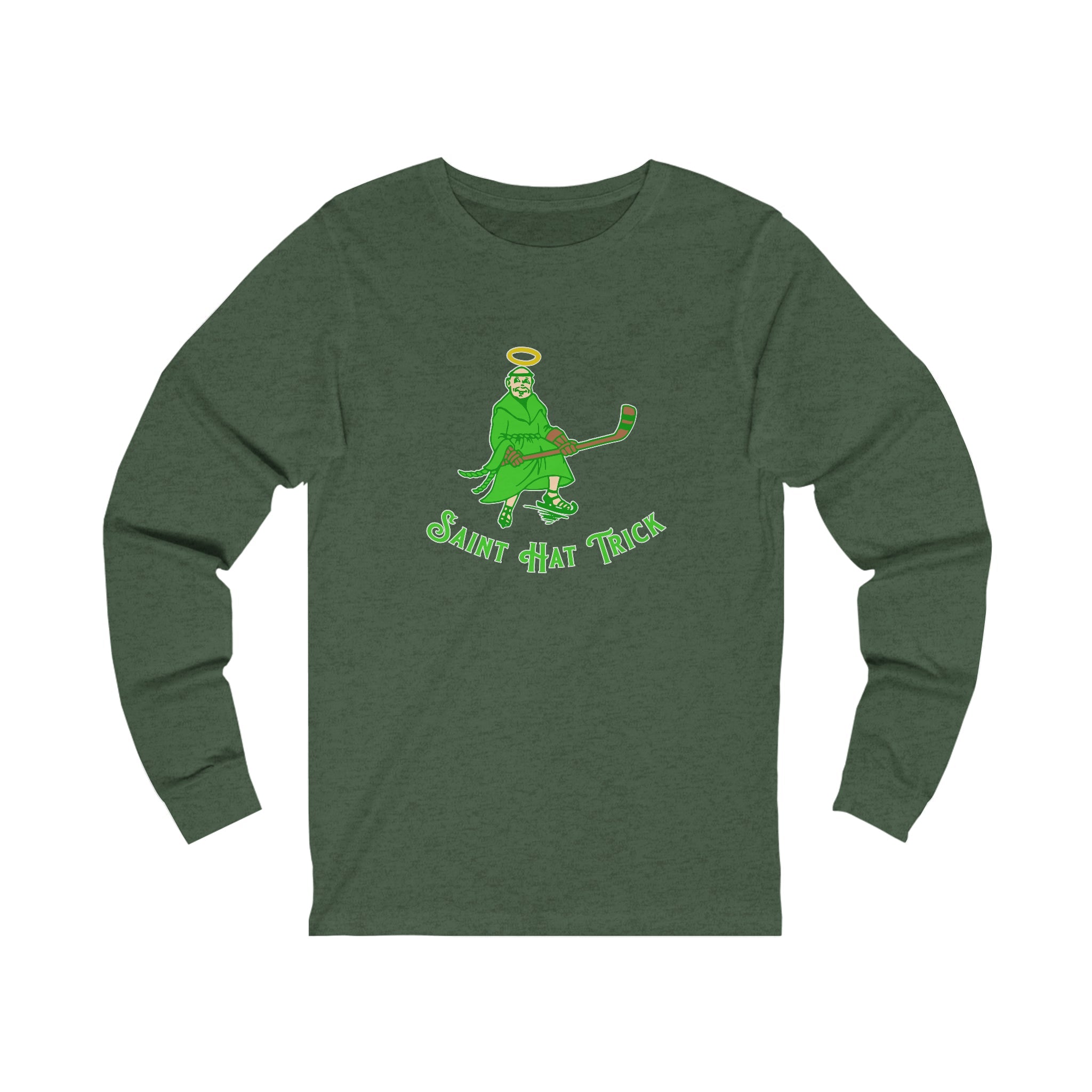 Saint Hat Trick Long Sleeve Shirt with the haloed monk skater in green with script on the front