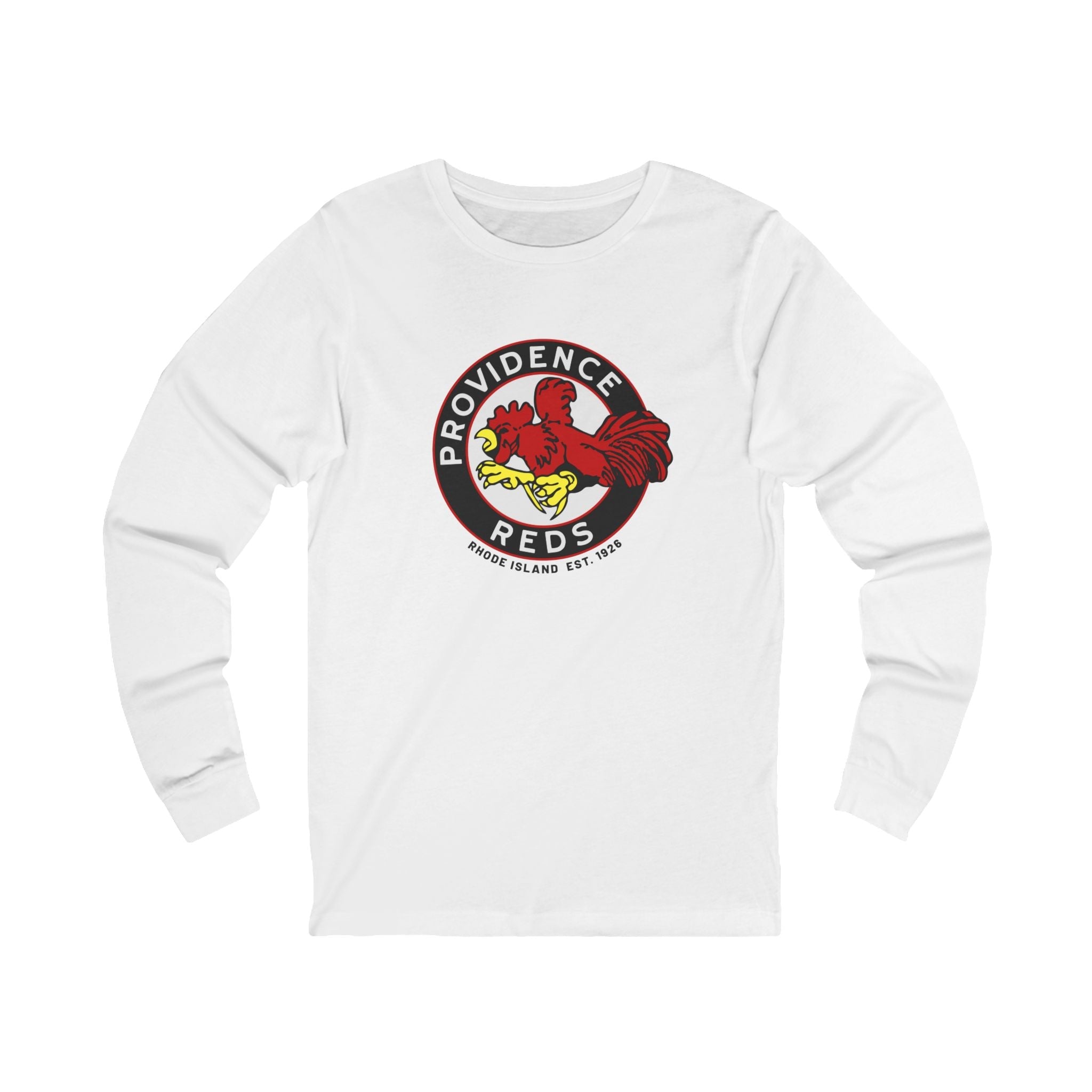 CLEARANCE Providence Reds Long Sleeve Shirt in white with the red rooster in a round black and white badge on the front