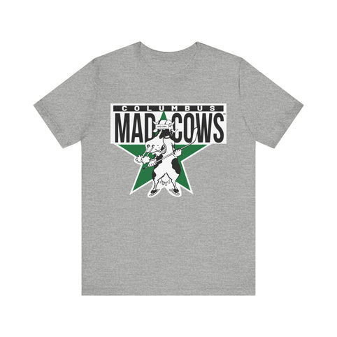 Columbus Mad Cows T-Shirt (Premium Lightweight) in athletic heather with the cartoon cow skater on a green star on the front