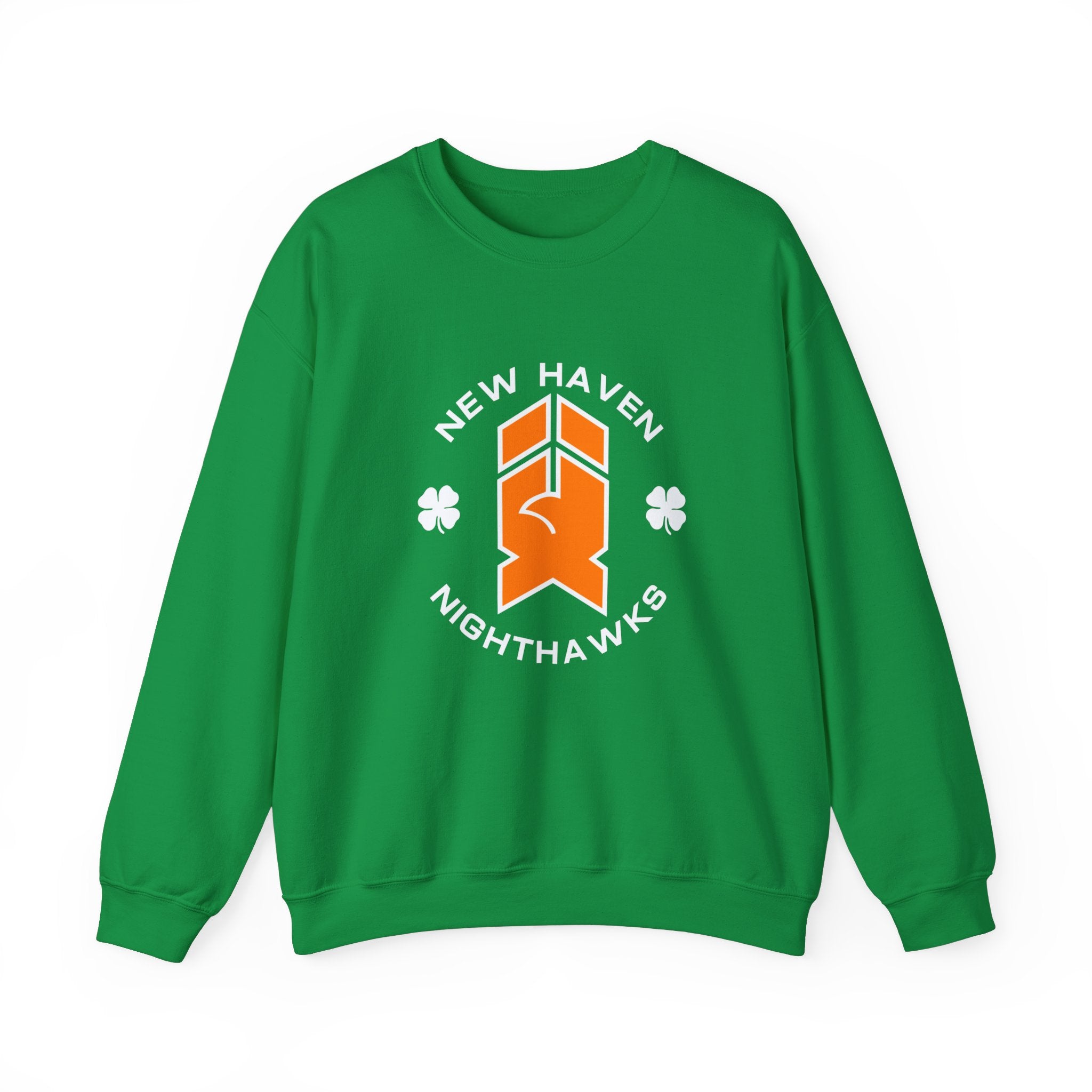 New Haven Nighthawks Irish Crewneck Sweatshirt in irish green with the orange hawk logo with white shamrocks on the front