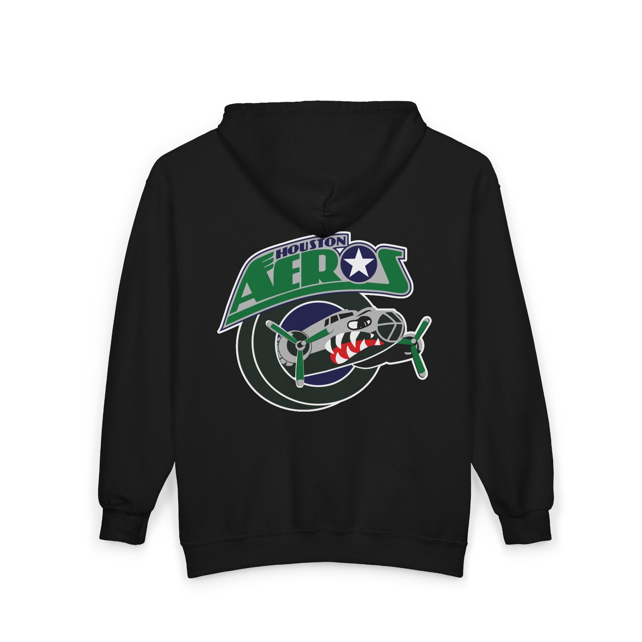 Houston Aeros 1990s Hoodie (Zip) in black, back view with the shark-nosed plane over a puck with green lettering
