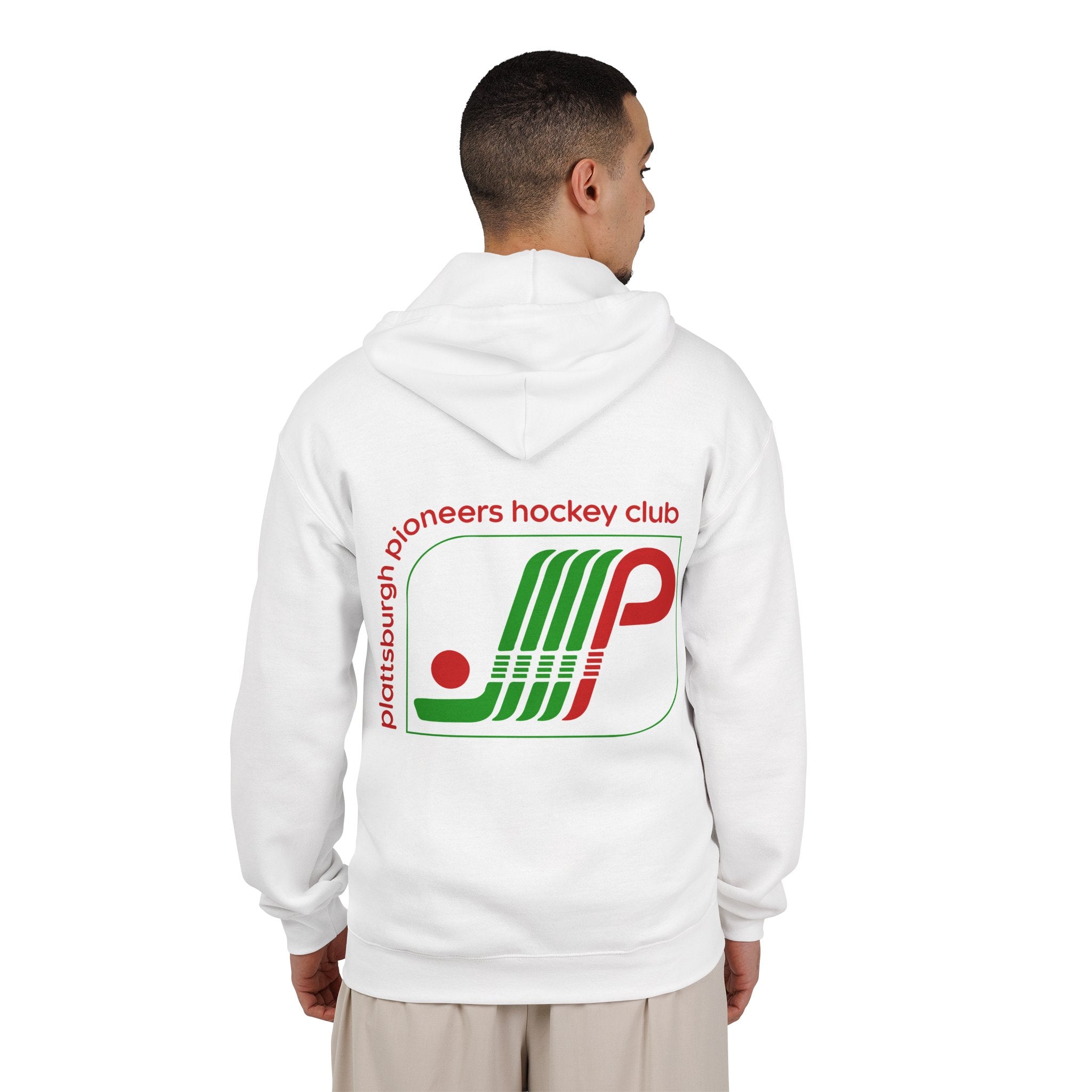 Plattsburgh Pioneers Hoodie (Zip) in white, worn by model, back with the green and red striped P logo with a puck