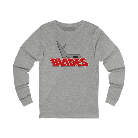 Kansas City Blades Long Sleeve Shirt with the grey skate outline over red block lettering on the front