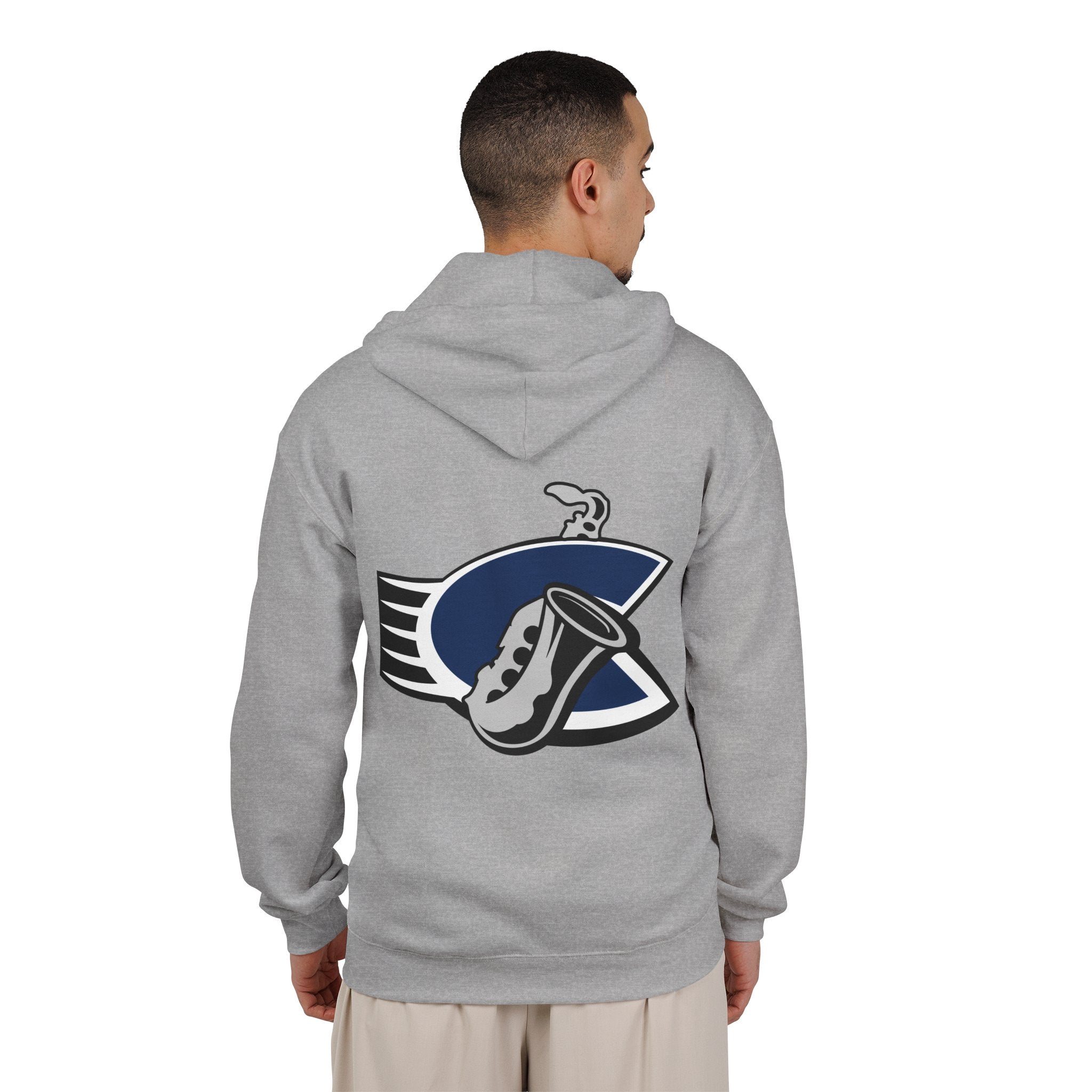 Chicago Bluesmen Hoodie (Zip) in sport grey, worn by model, back with the saxophone over a navy and black C logo