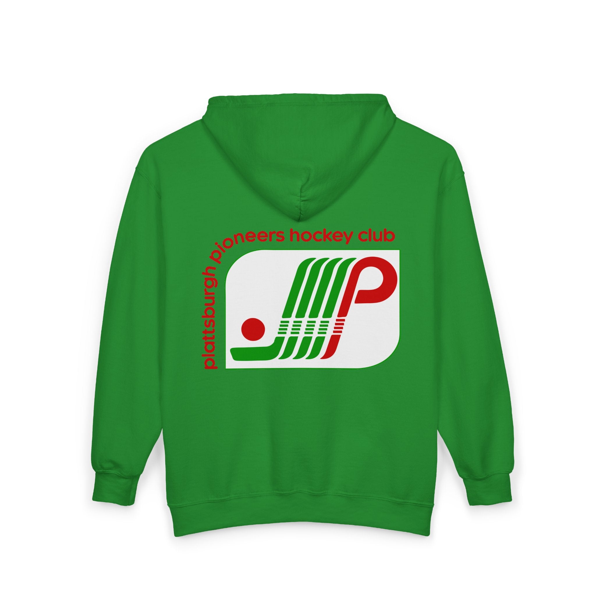 Plattsburgh Pioneers Hoodie (Zip) in irish green, back view with the green and red striped P logo with a puck