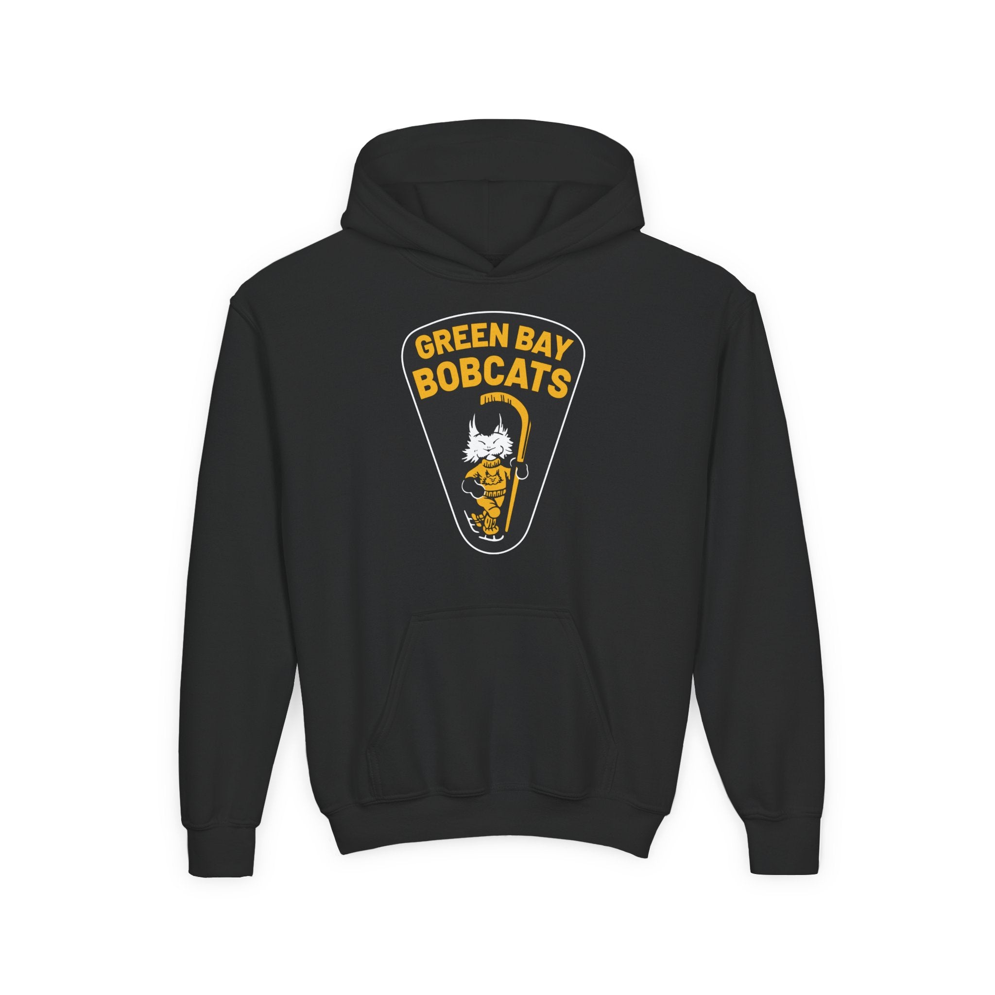 Green Bay Bobcats Hoodie (Youth) in black with the cartoon bobcat skater on a black pennant on the front