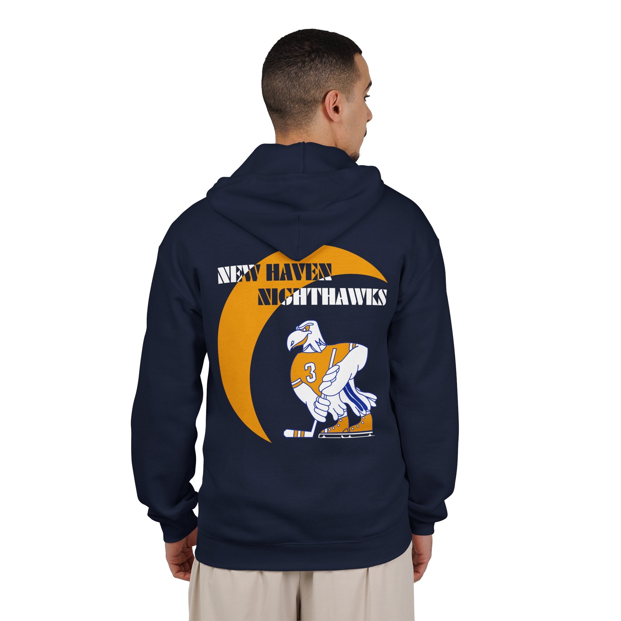 New Haven Nighthawks 1970s Hoodie (Zip) in navy, worn by model, back with the cartoon hawk skater with a gold crescent moon