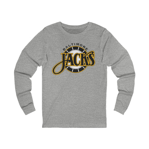 Baltimore Skipjacks Black Long Sleeve Shirt with the black and gold Jacks script over a ship's wheel on the front, view 3