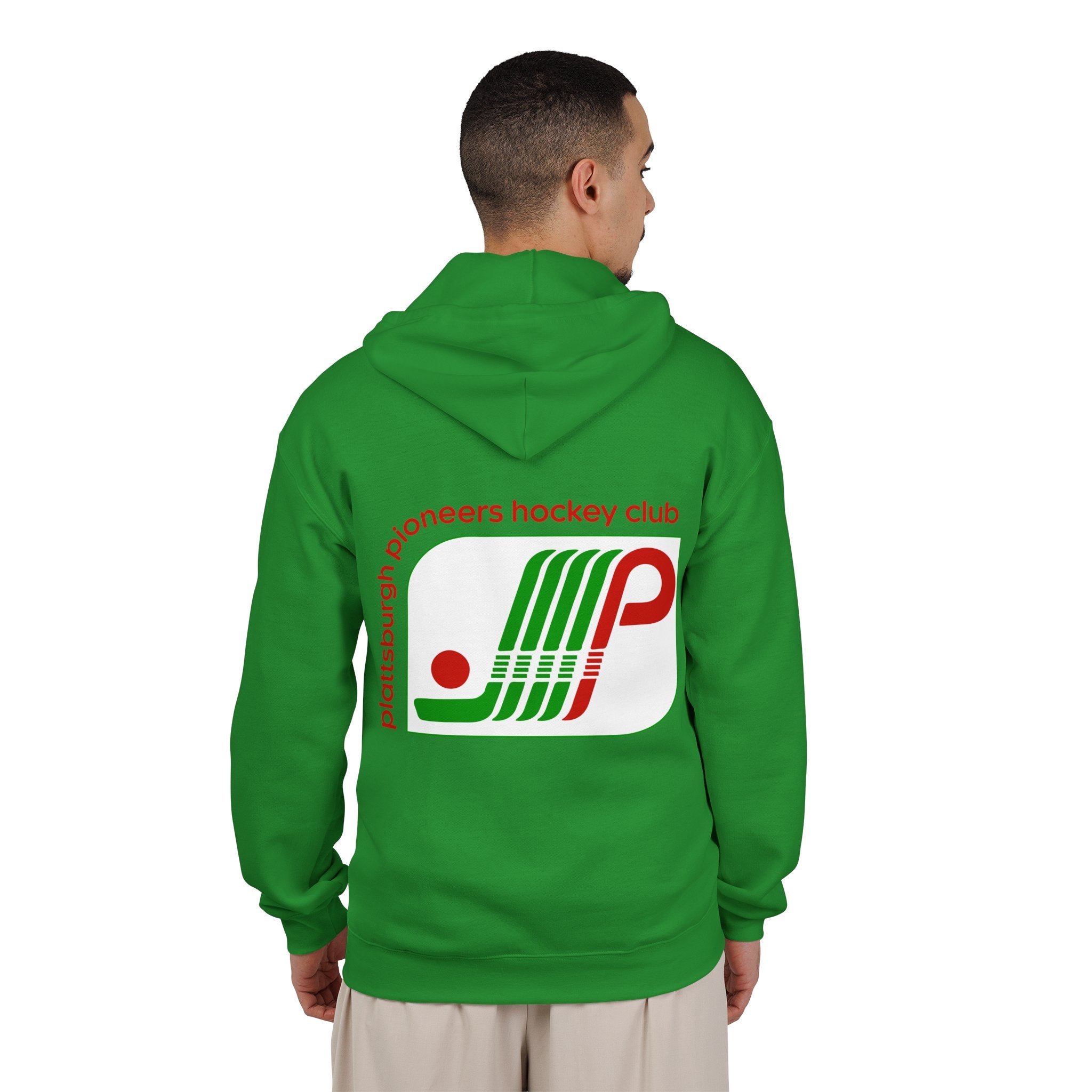 Plattsburgh Pioneers Hoodie (Zip) in irish green, worn by model, back with the green and red striped P logo with a puck