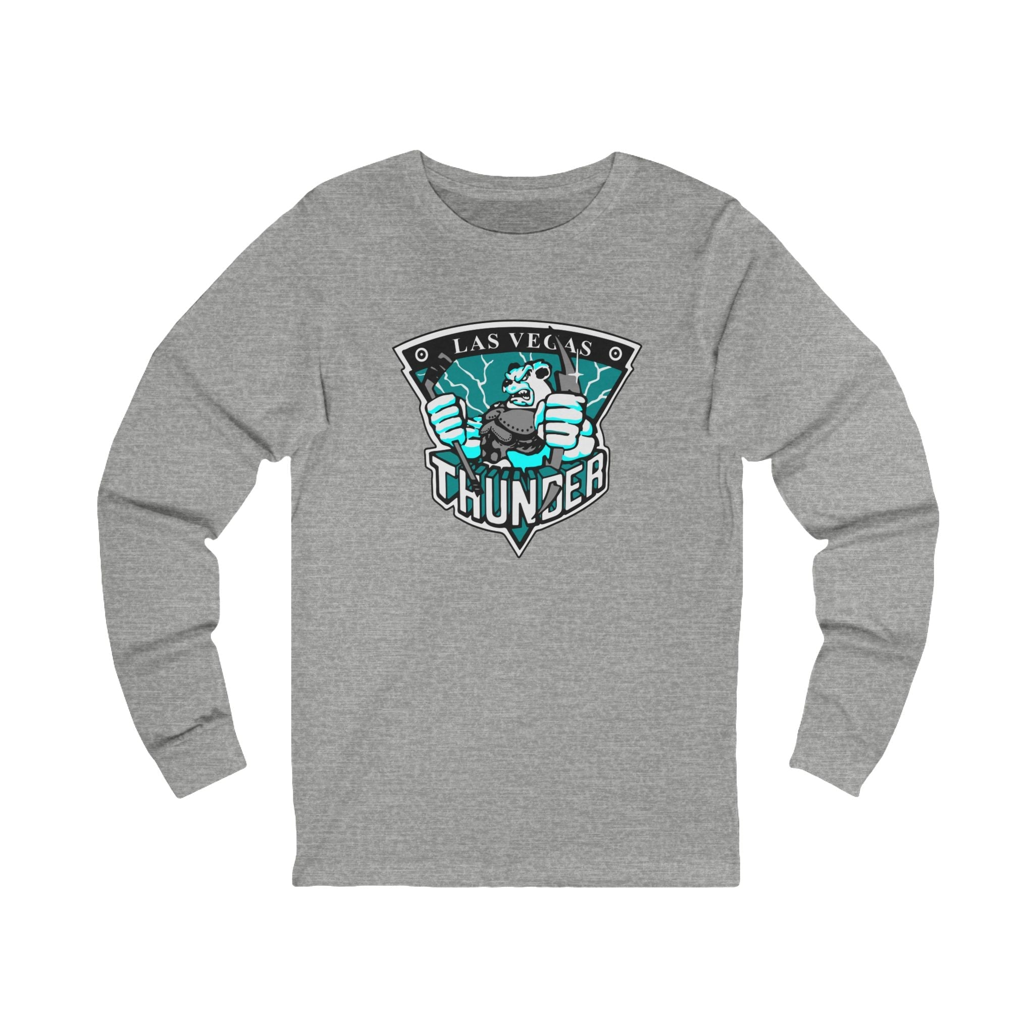 Las Vegas Thunder Boom Boom the Bear Long Sleeve Shirt with the armored polar bear in a teal lightning shield on the front, view 3