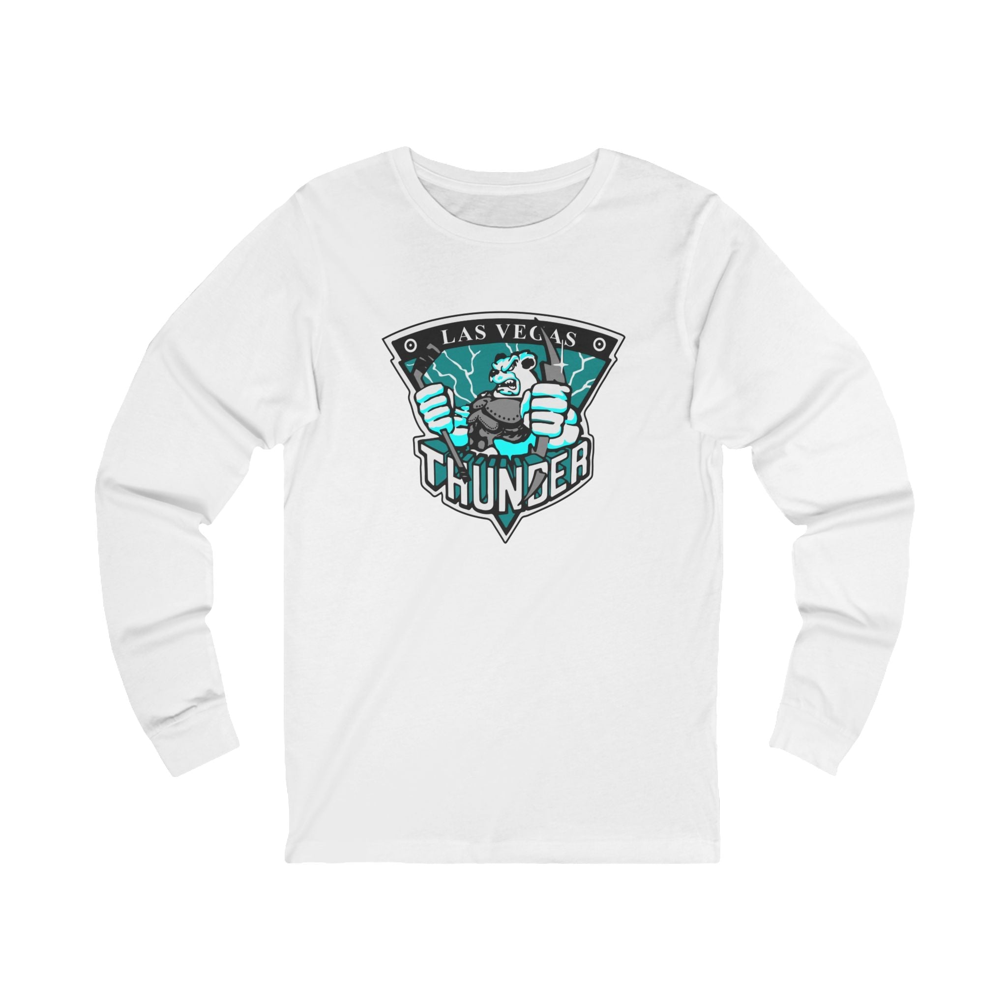 Las Vegas Thunder Boom Boom the Bear Long Sleeve Shirt with the armored polar bear in a teal lightning shield on the front, view 2