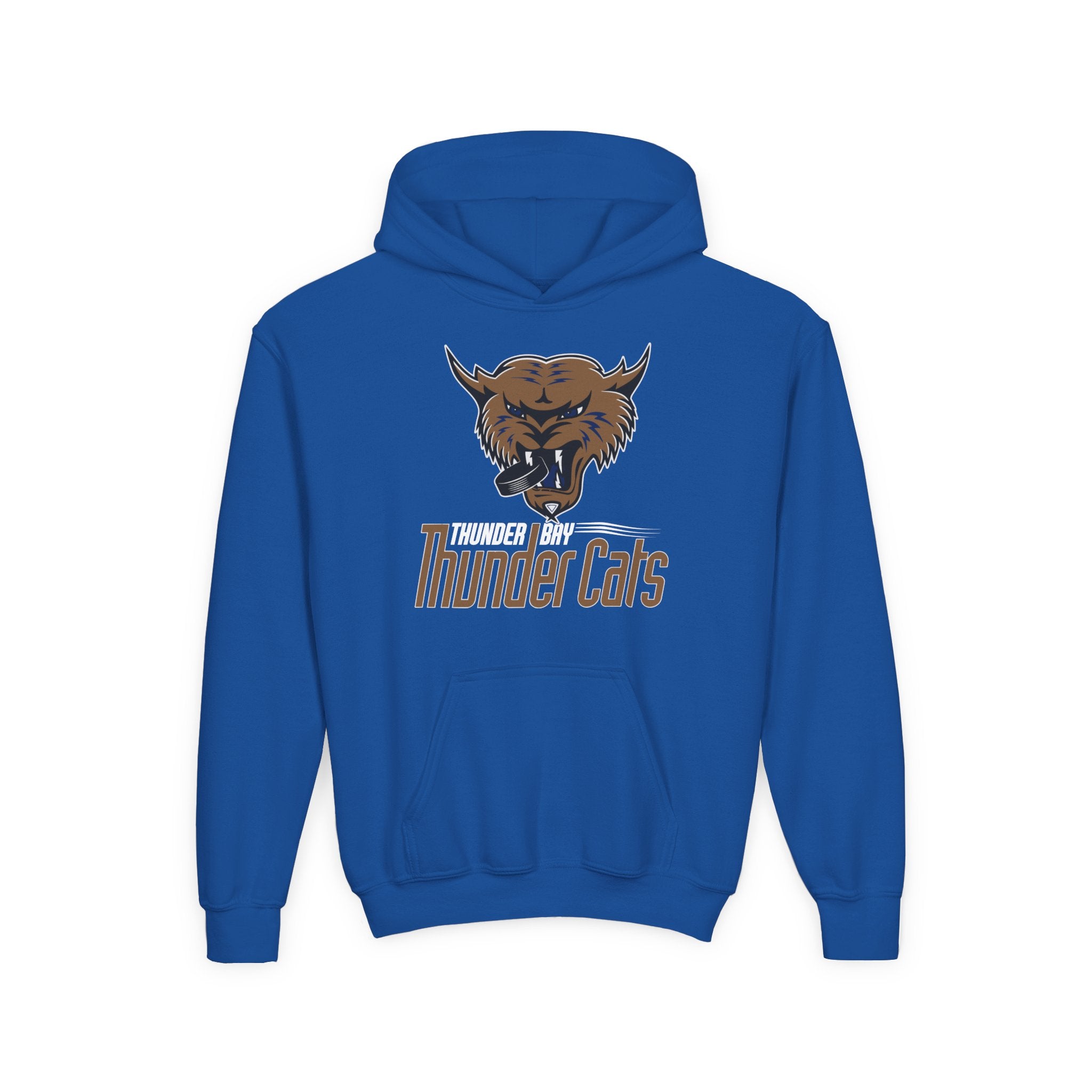Thunder Bay Thunder Cats Hoodie (Youth) in royal with the snarling brown wildcat biting a puck on the front