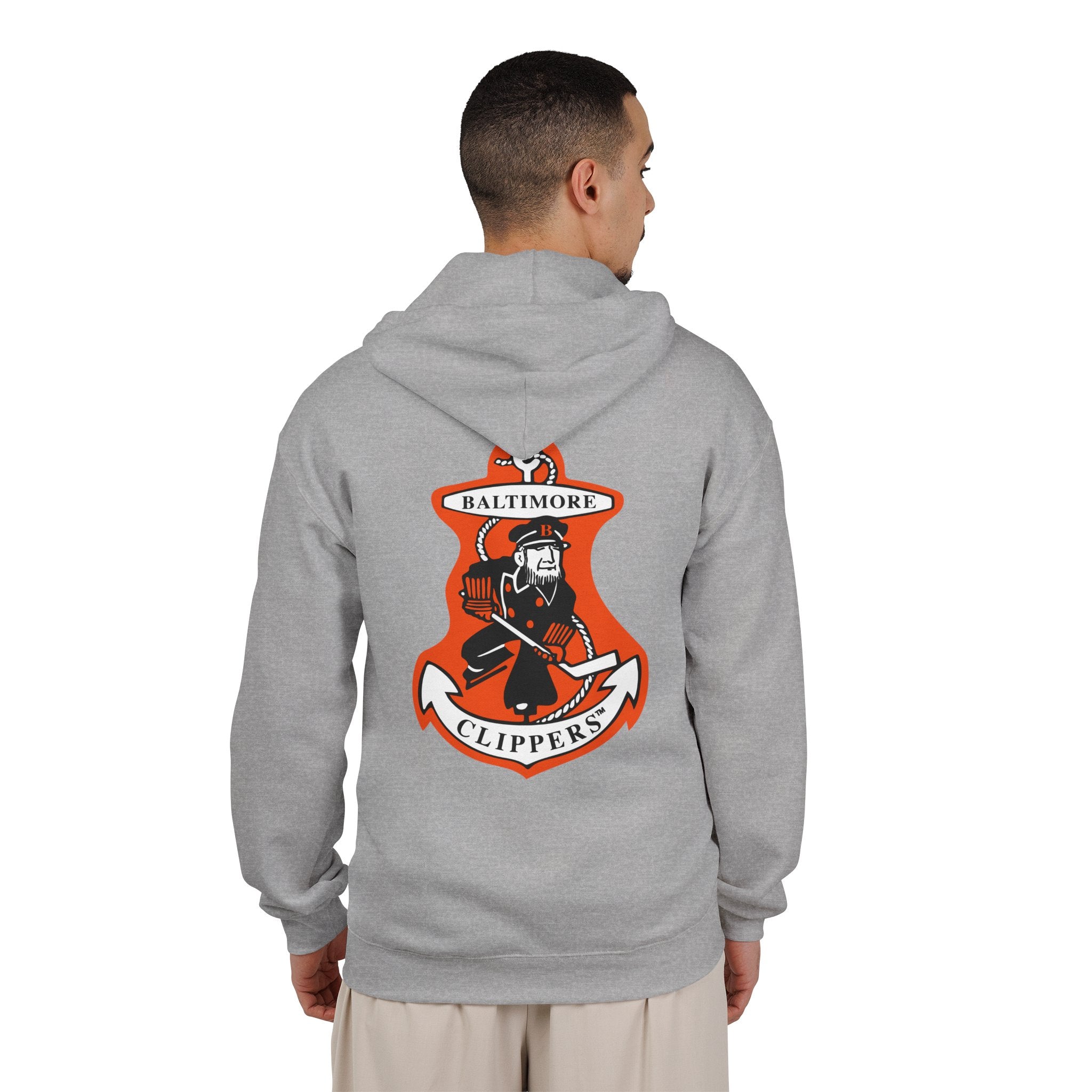 Baltimore Clippers Hoodie (Zip) in sport grey, worn by model, back with the sea captain skater on an orange anchor crest