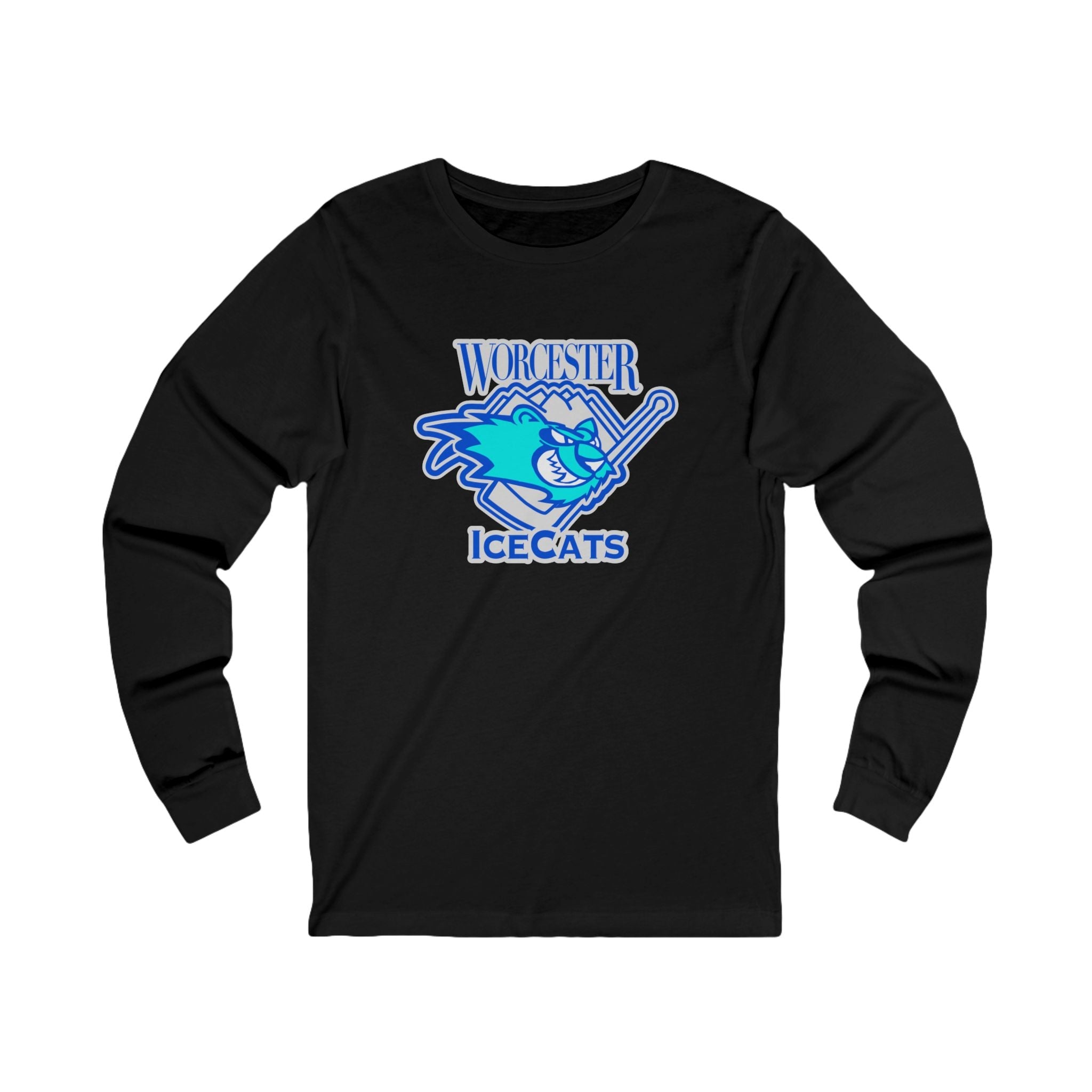 Worcester IceCats Long Sleeve Shirt with the teal cartoon cat with a stick and blue lettering on the front, view 2