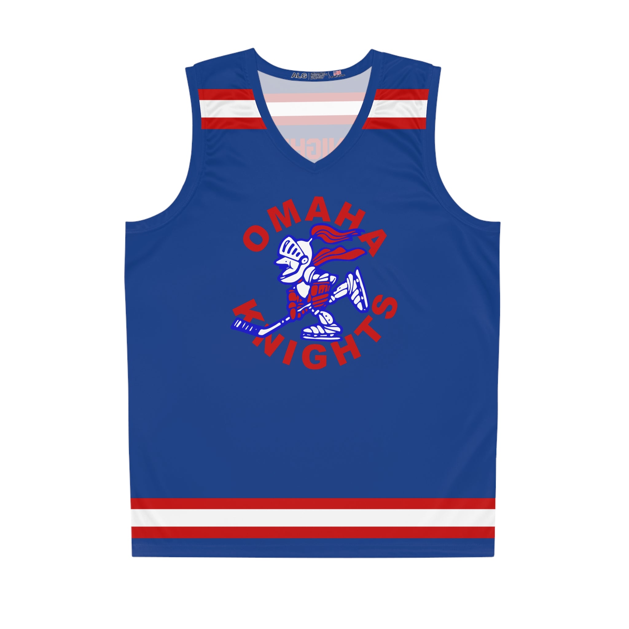 Omaha Knights 1960s Tank Top in seam thread color automatically matched to design with the red arched name around a skating knight mascot on the front