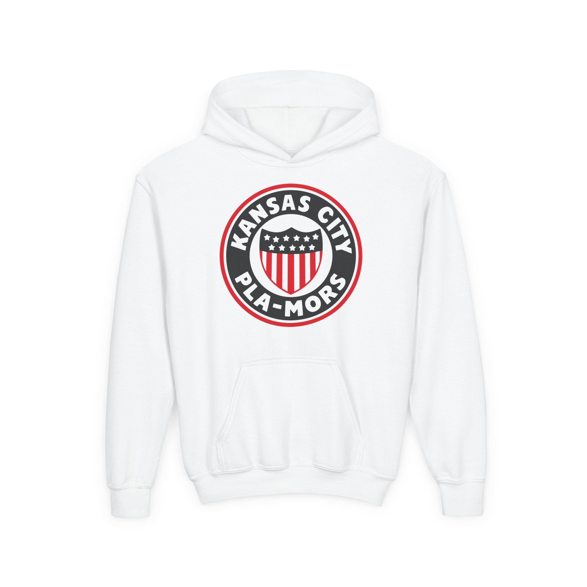 Kansas City Pla-Mors Hoodie (Youth) in white with the round logo with a stars-and-stripes shield on the front