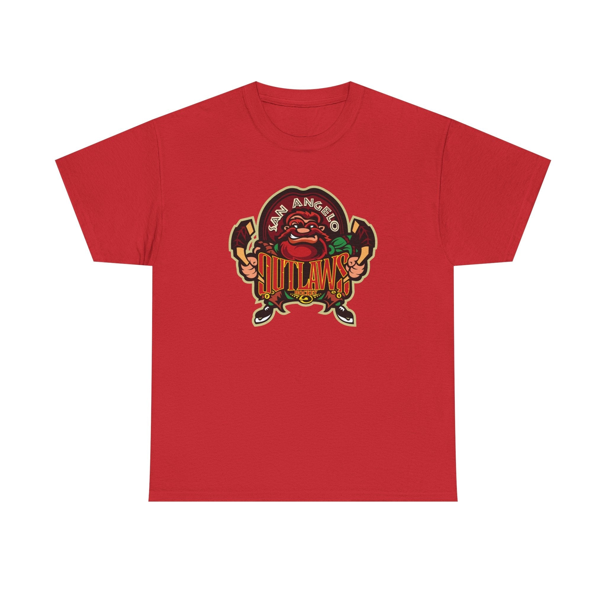 CLEARANCE San Angelo Outlaws T-Shirt in red with the red bulldog outlaw mascot over red lettering on the front