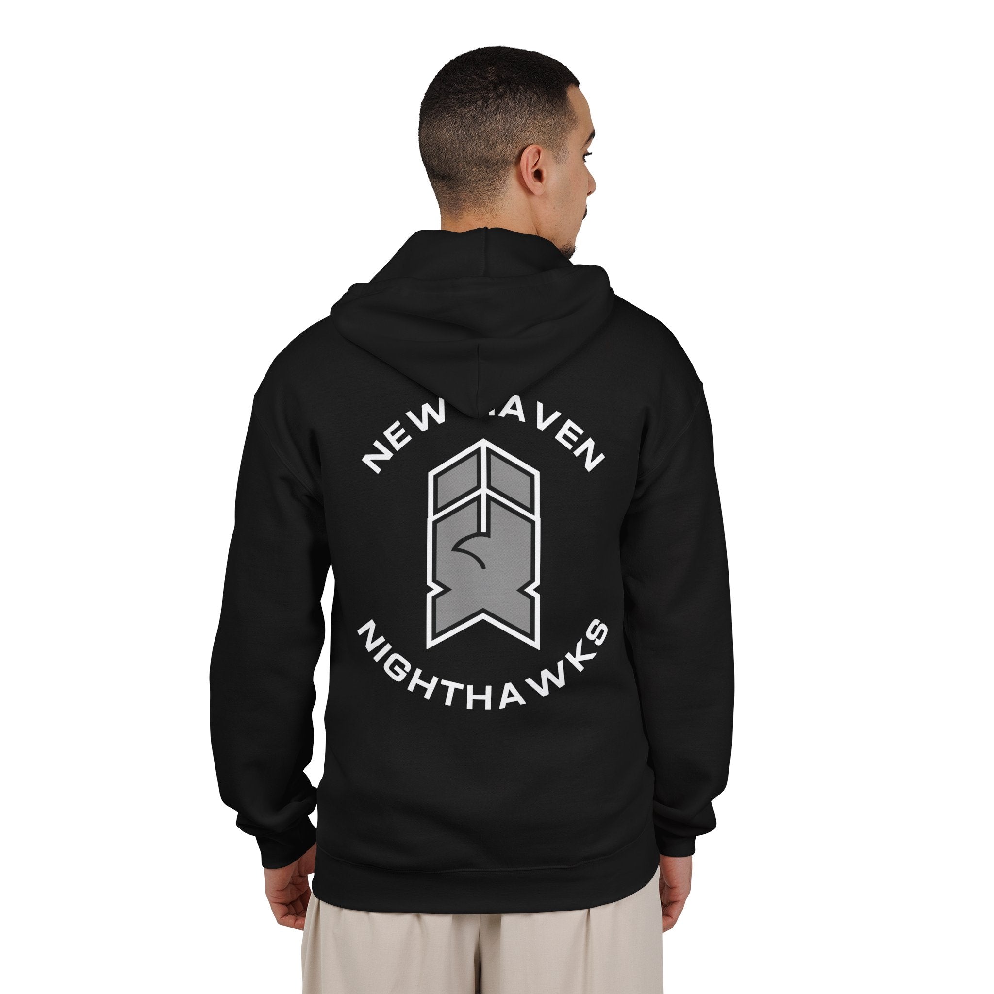 New Haven Nighthawks 1990s Hoodie (Zip) in black, worn by model, back with the grey and black hawk-head emblem with arched lettering