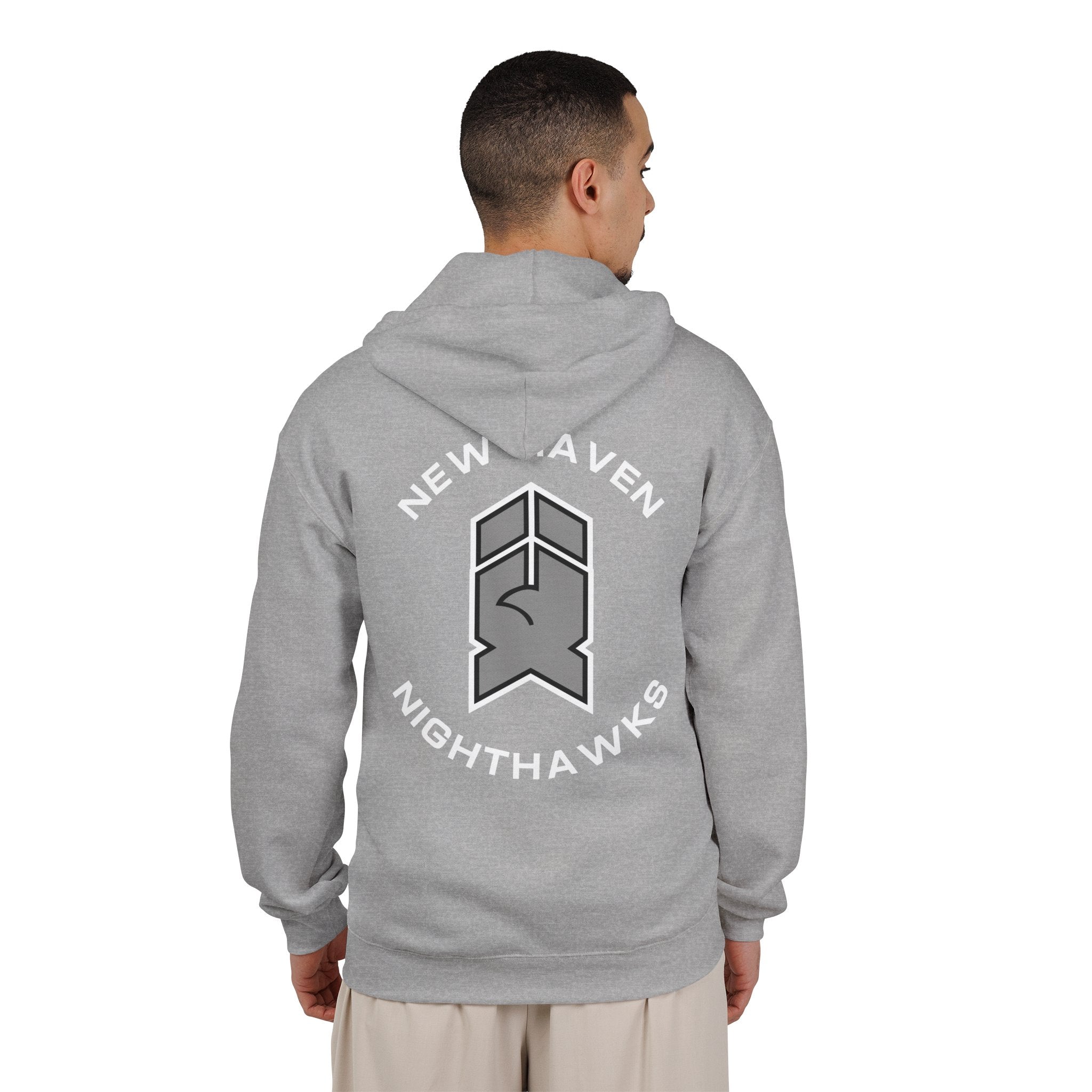 New Haven Nighthawks 1990s Hoodie (Zip) in sport grey, worn by model, back with the grey and black hawk-head emblem with arched lettering