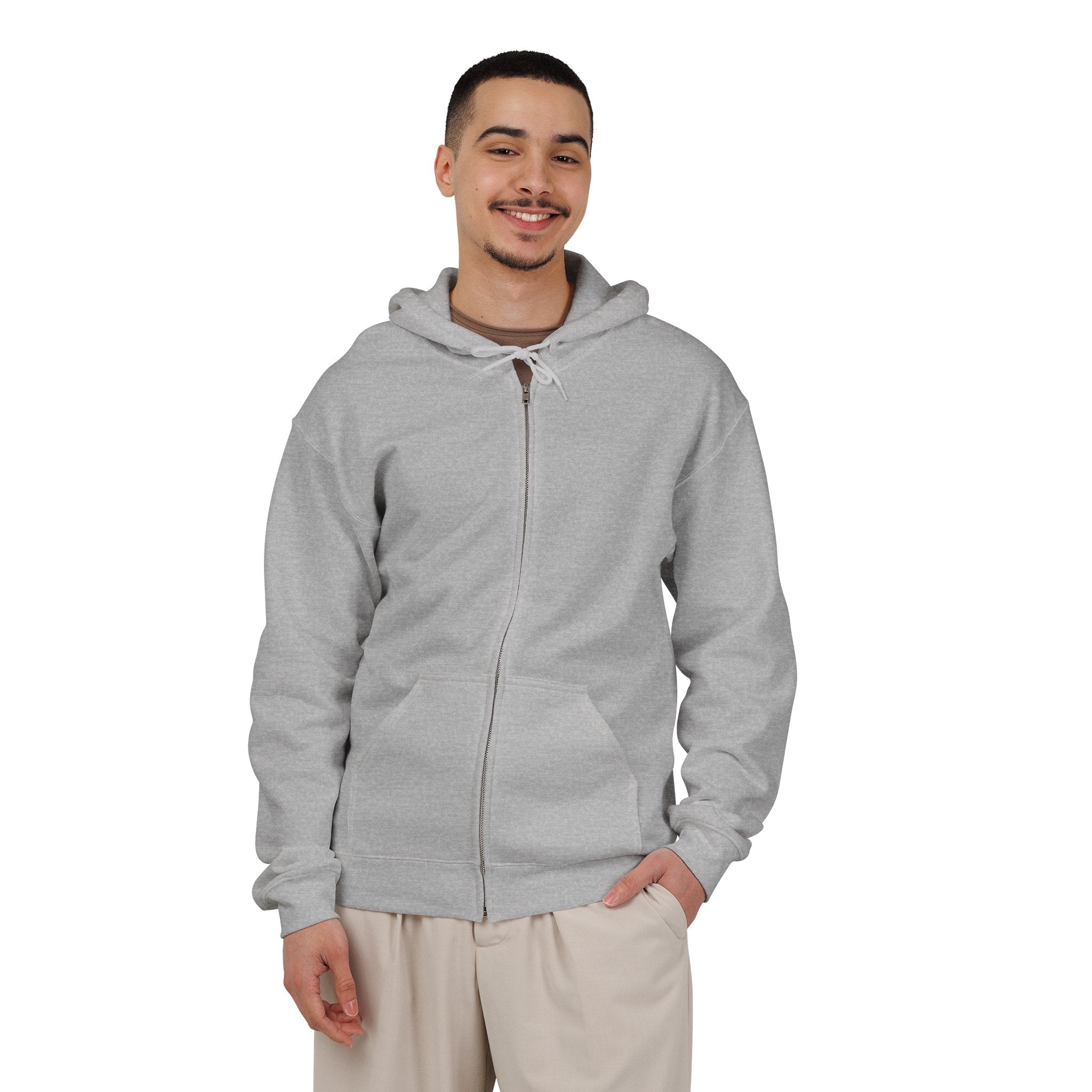 New Haven Nighthawks 1990s Hoodie (Zip) in sport grey, worn by model, front, plain (design is on the back)