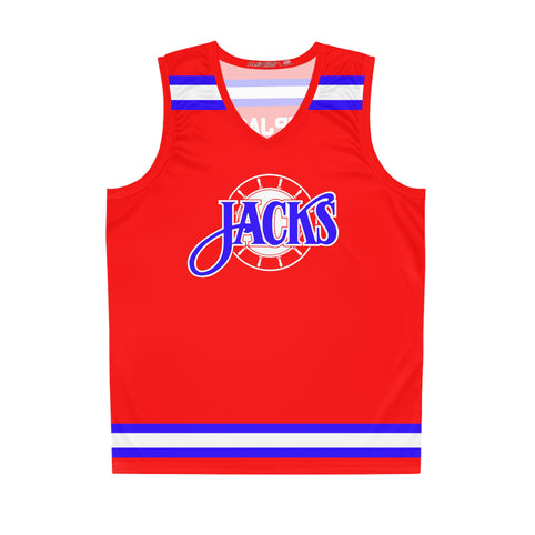 Baltimore Skipjacks Red & Blue Tank Top in seam thread color automatically matched to design with the blue Jacks script over a red ship's wheel on the front