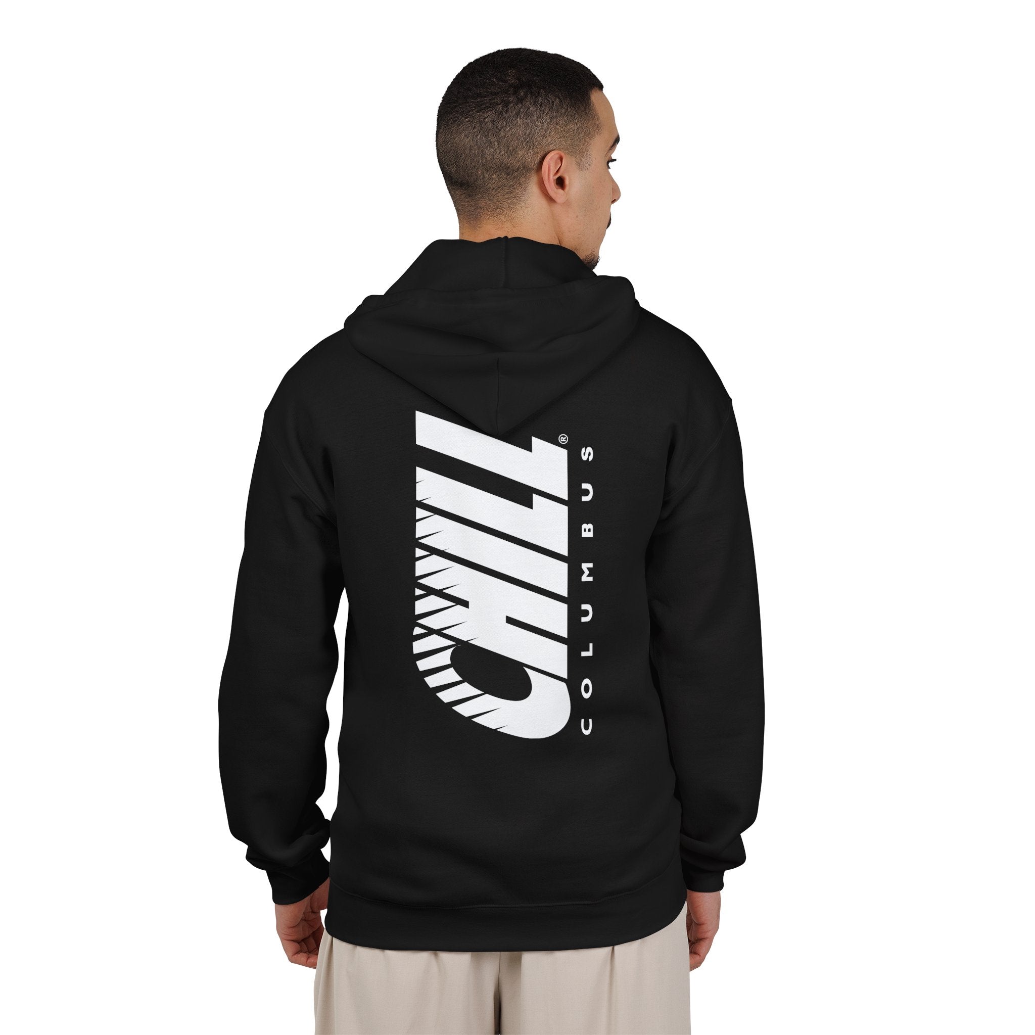 Columbus Chill Hoodie (Zip) in black, worn by model, back with the tall white slanted Chill wordmark