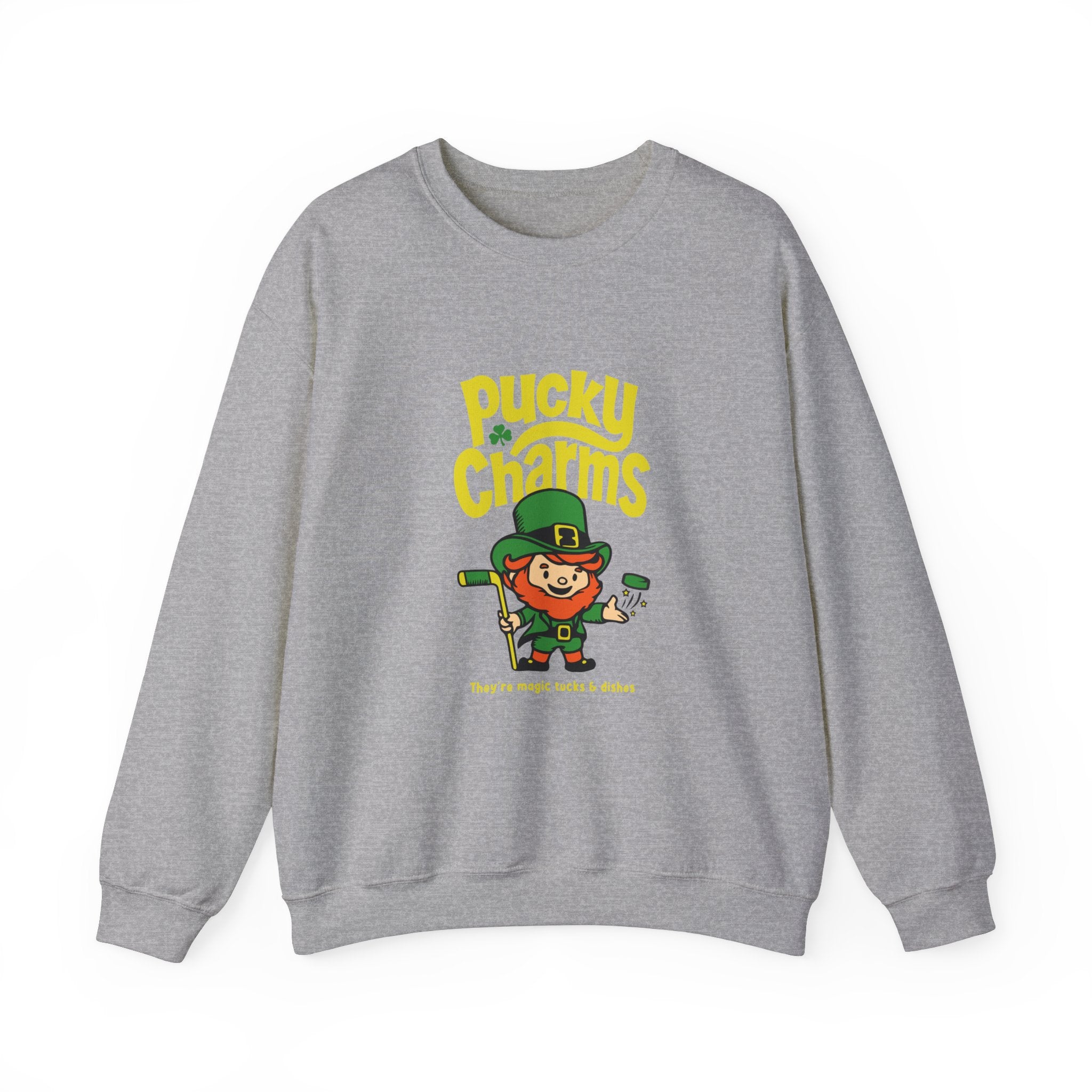 Pucky Charms Crewneck Sweatshirt in sport grey with the cartoon leprechaun with a stick and yellow lettering on the front
