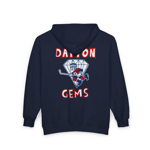 Dayton Gems Hoodie (Zip) in navy, back view with the skater inside a diamond with red block lettering