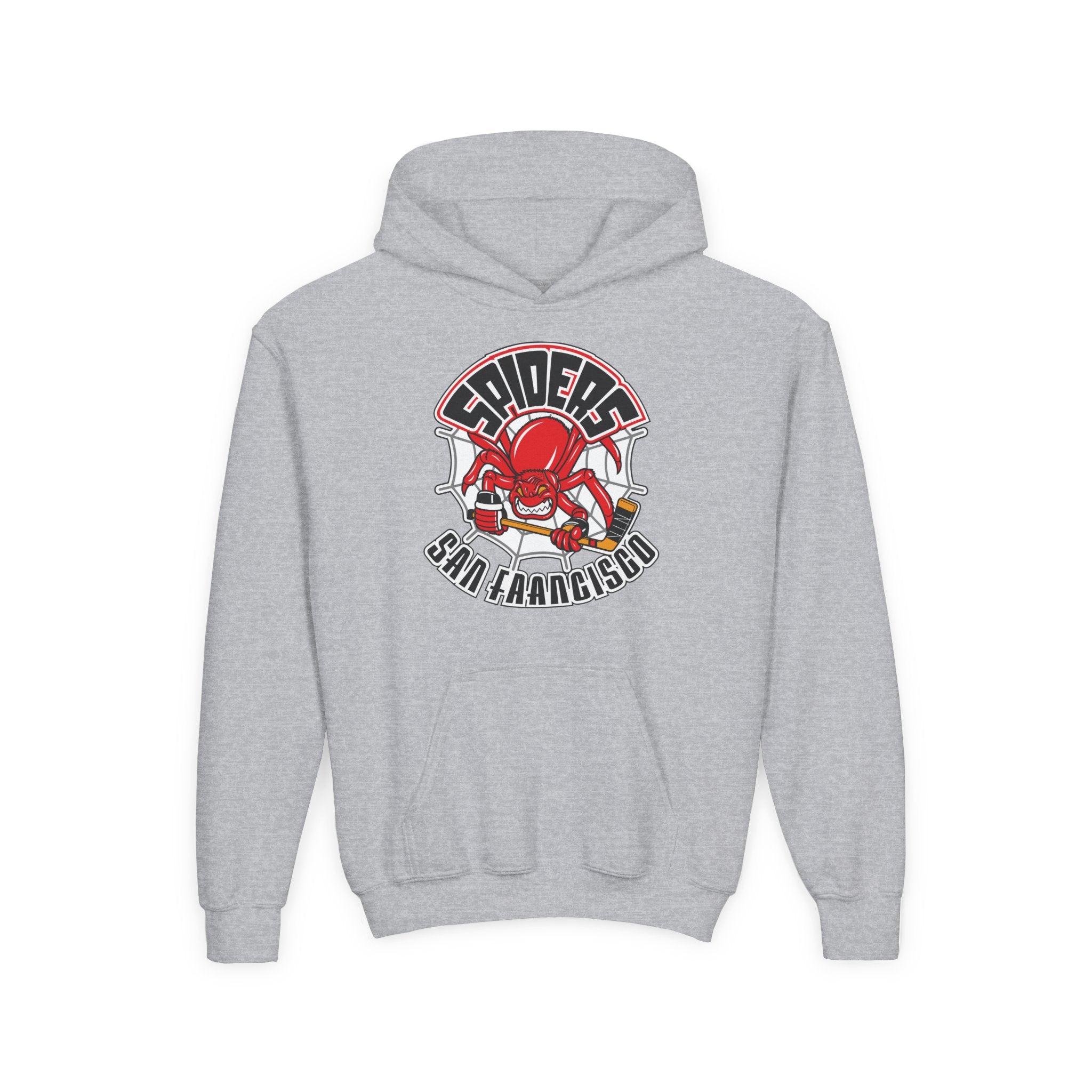 San Francisco Spiders Hoodie (Youth) in sport grey with the red spider with a hockey stick on a web on the front