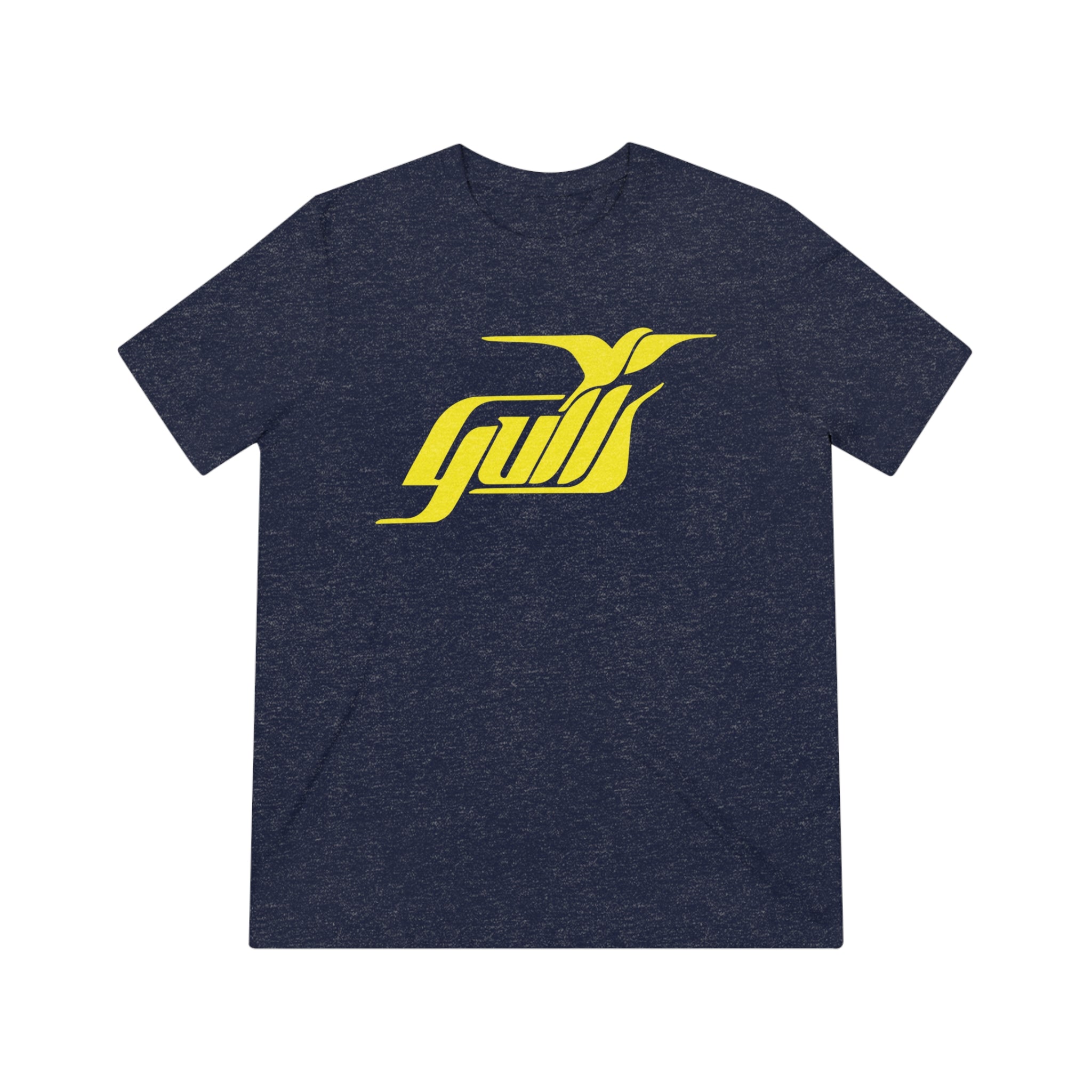 CLEARANCE Hampton Gulls T-Shirt (Tri-Blend Super Light) in navy triblend with the yellow gull in flight over script lettering on the front