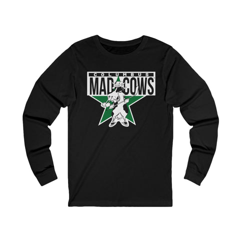Columbus Mad Cows Long Sleeve Shirt with the cartoon cow skater on a green star on the front, view 2