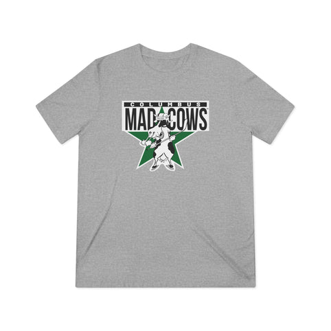 Columbus Mad Cows T-Shirt (Tri-Blend Super Light) with the cow skater on a green star with black lettering on the front
