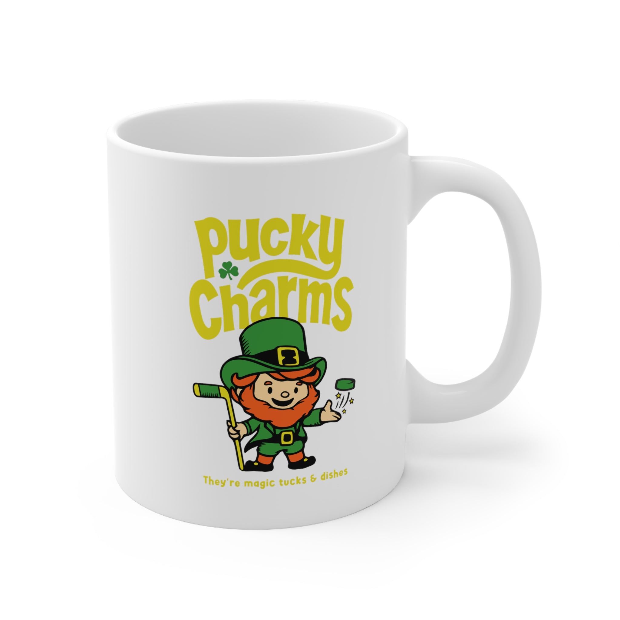 Pucky Charms Mug 11oz with the cartoon leprechaun with a stick and yellow lettering, right side view