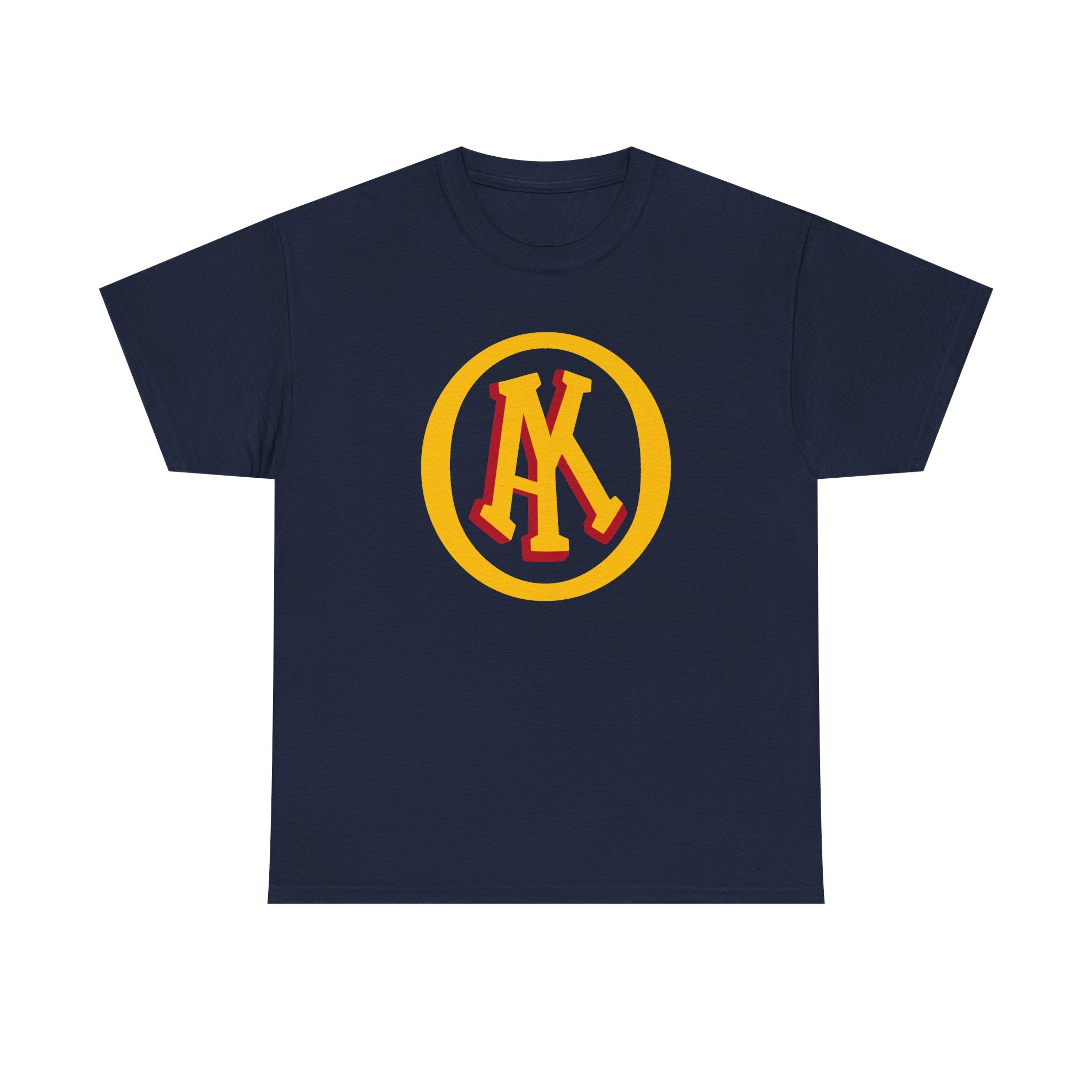 Omaha Knights 1940s T-Shirt in navy with the gold and red AK monogram in a gold ring on the front