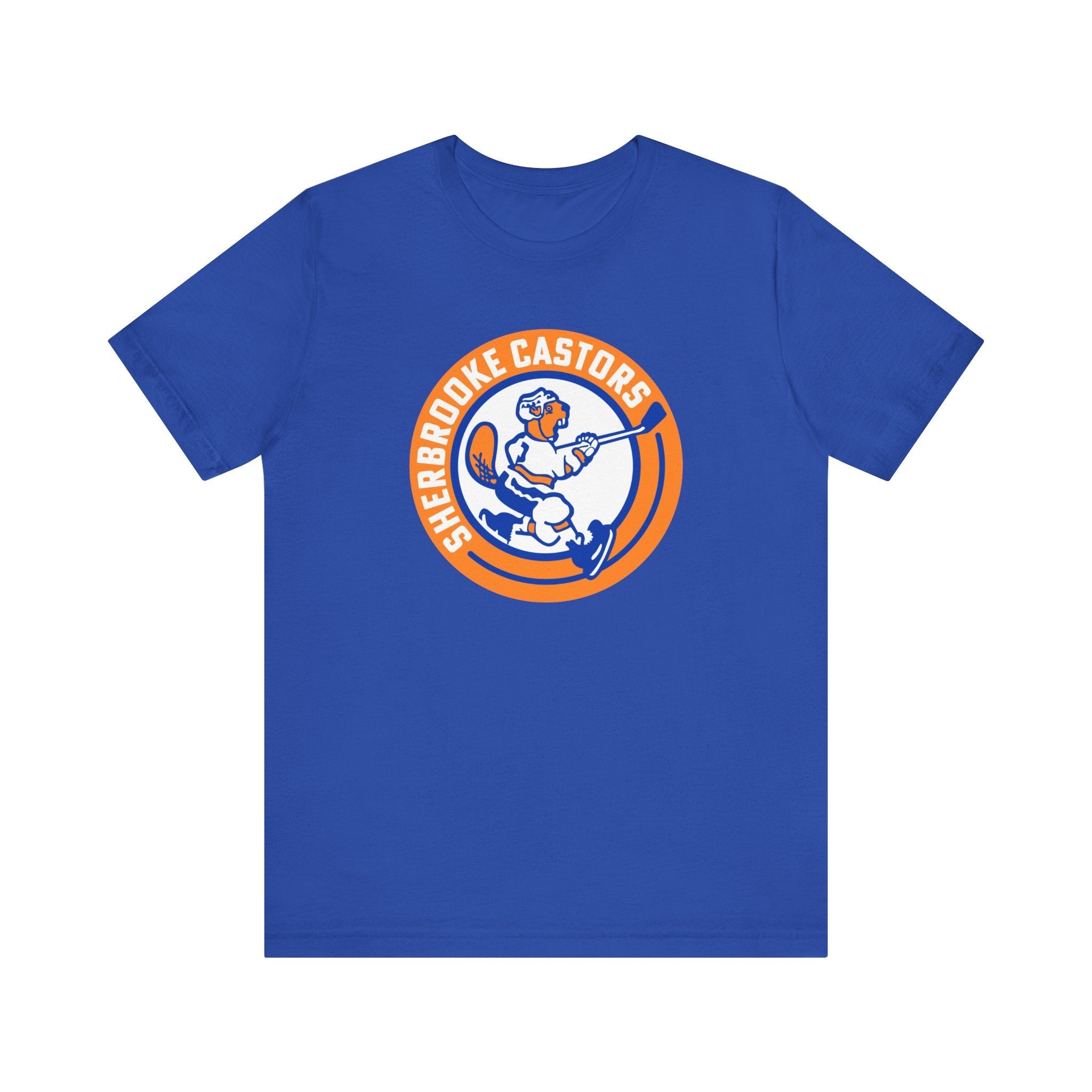 CLEARANCE Sherbrooke Castors Late 1970s Style T-Shirt (Premium Lightweight) in true royal with the beaver skater in an orange ring logo on the front