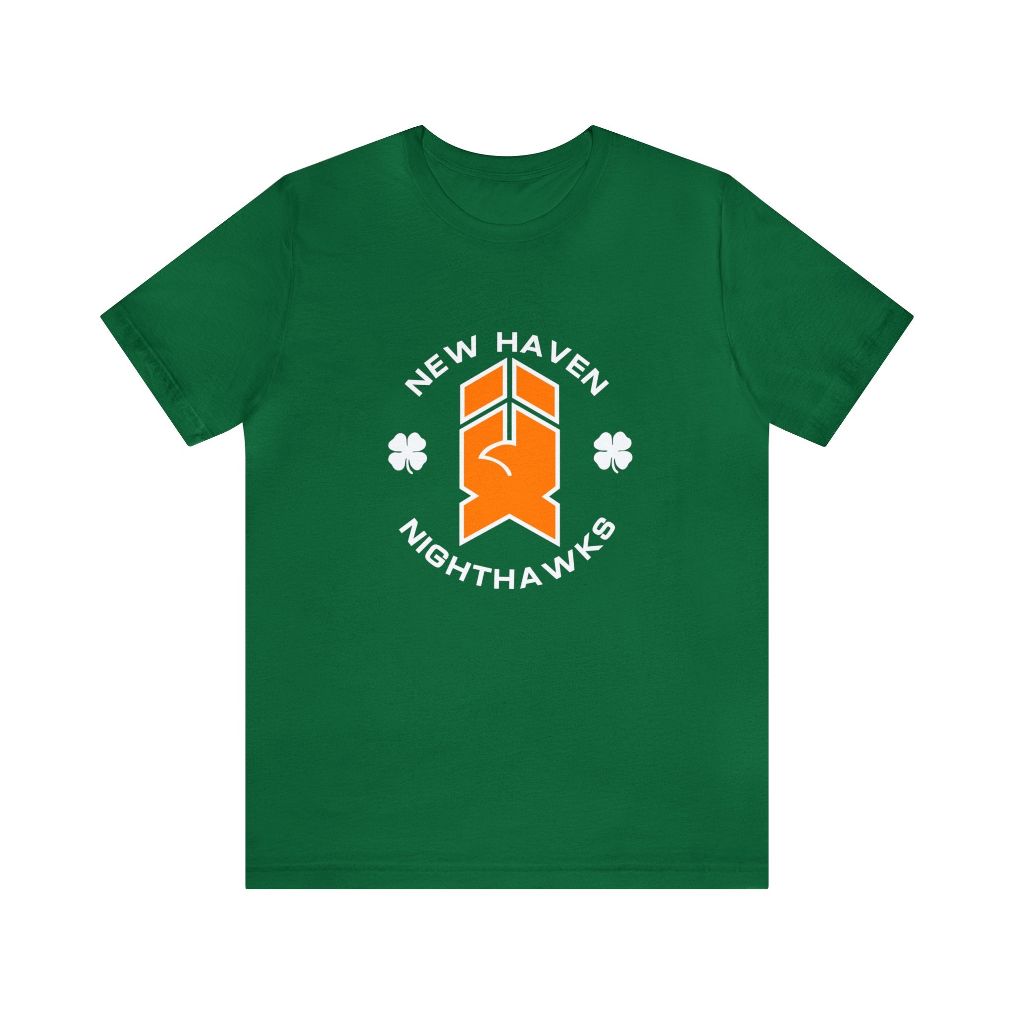 New Haven Nighthawks Irish T-Shirt (Premium Lightweight) in kelly with the orange hawk logo with white shamrocks on the front