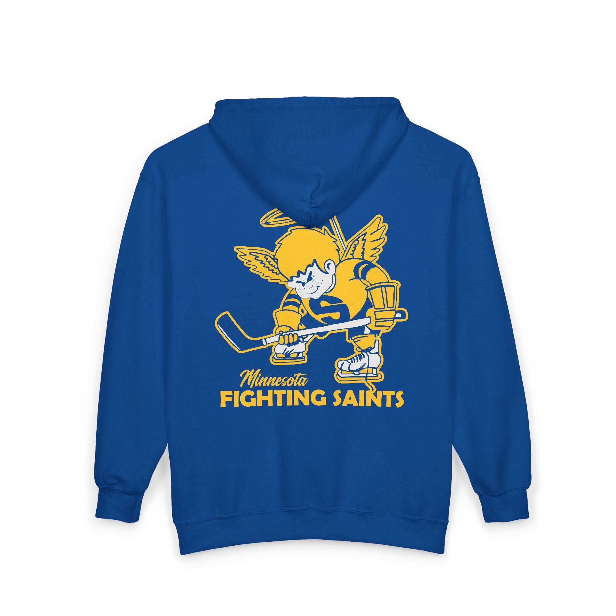 Minnesota Fighting Saints Hoodie (Zip) in royal, back view with the gold haloed angel skater with a stick