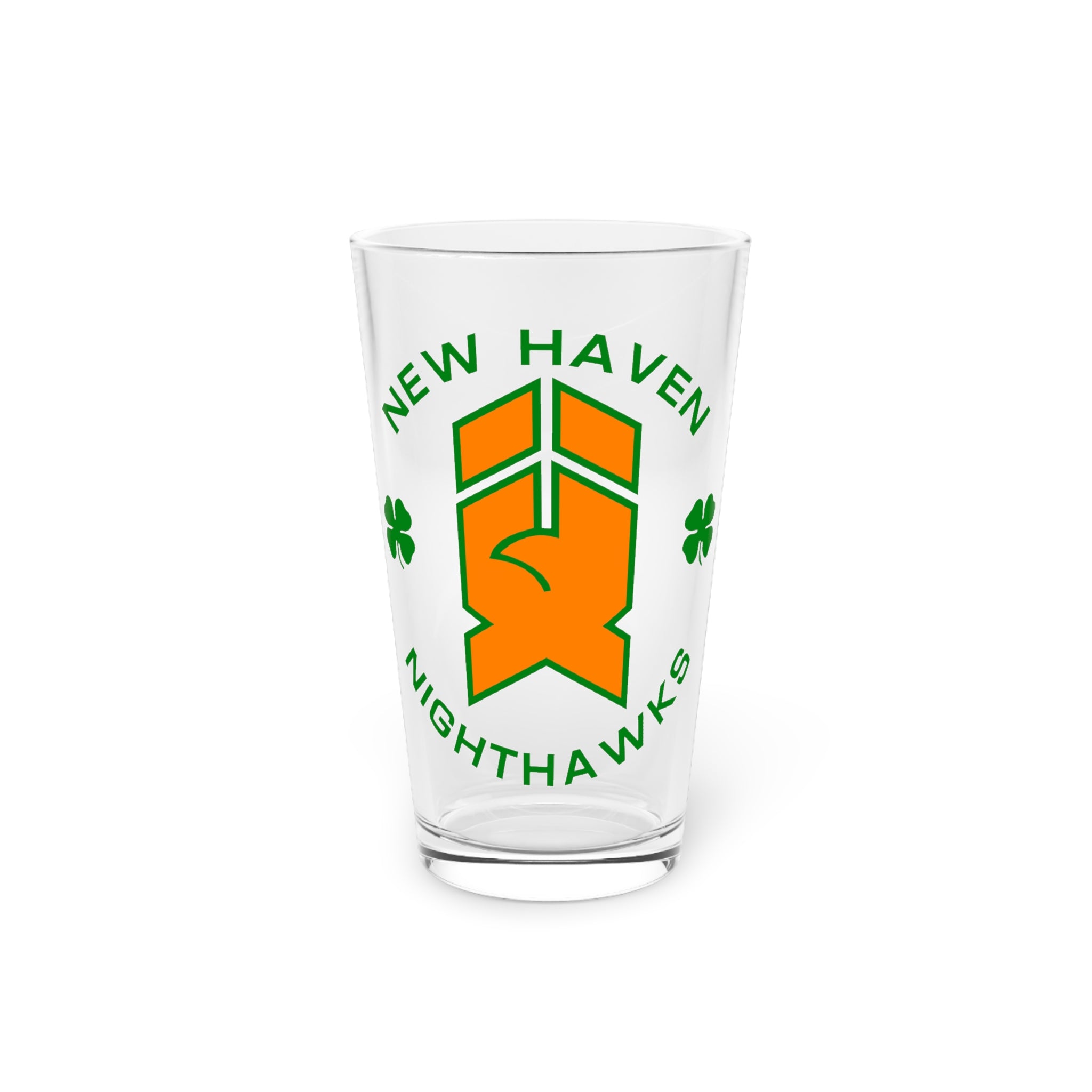 New Haven Nighthawks Irish Pint Glass with the orange hawk logo with green shamrocks