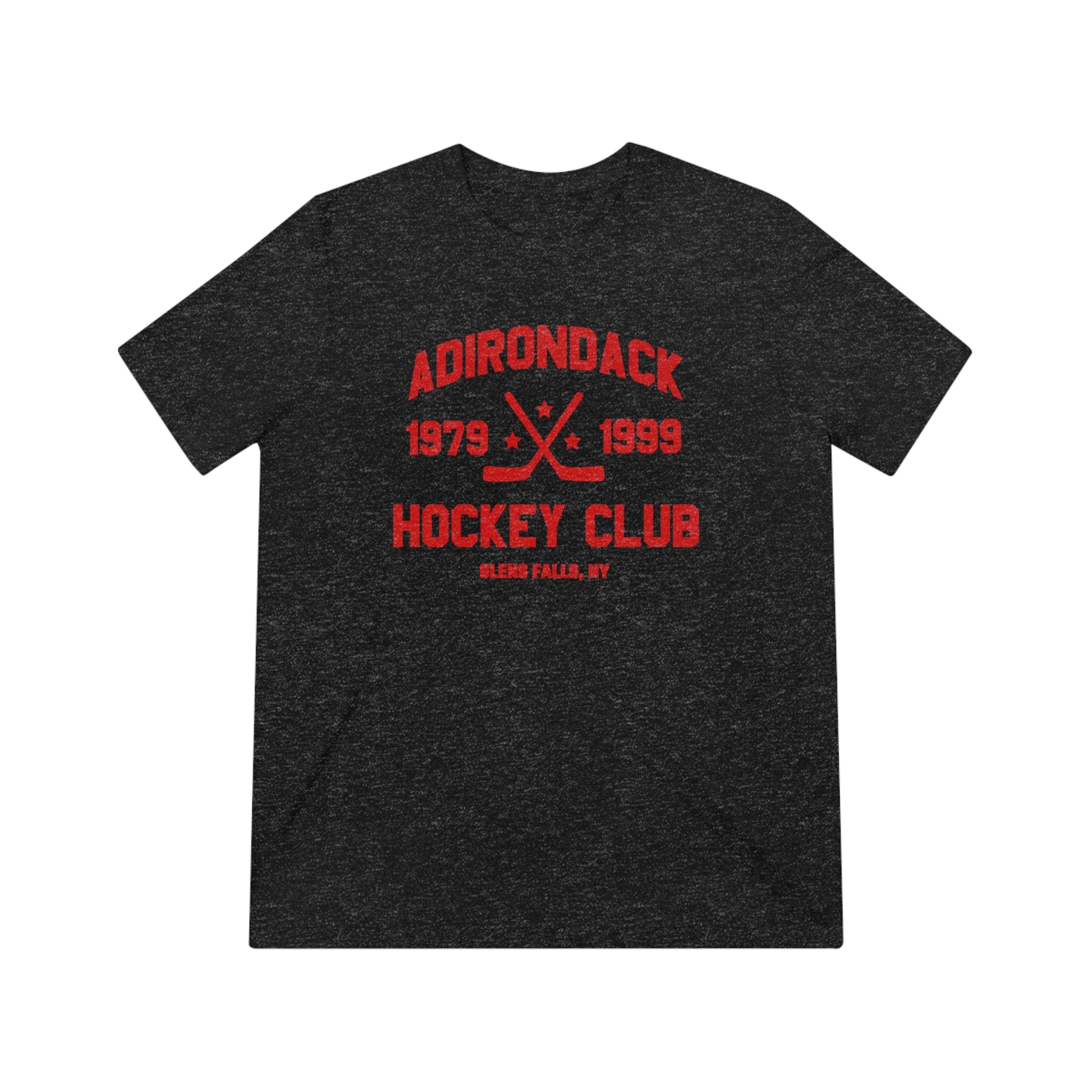 CLEARANCE Adirondack Hockey Club T-Shirt (Tri-Blend Super Light) in black heather with the red crossed sticks with 1979 and 1999 lettering on the front