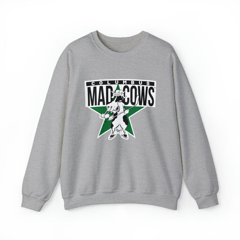 Columbus Mad Cows Crewneck Sweatshirt in sport grey with the cartoon cow skater on a green star on the front
