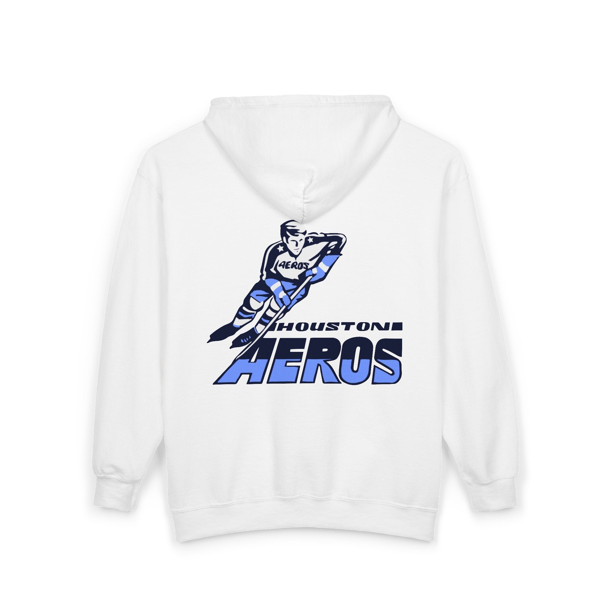 Houston Aeros 1970s Hoodie (Zip) in white, back view with the skating player over blue slanted lettering