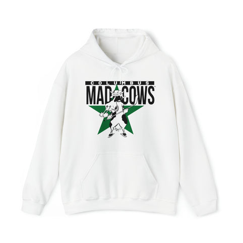 Columbus Mad Cows Hoodie in white with the cartoon cow skater on a green star on the front